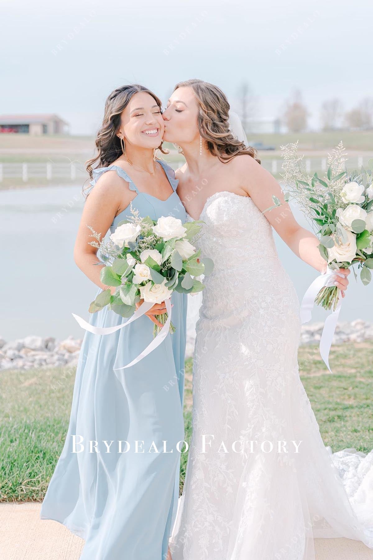 sky blue v neck bridesmaid dress