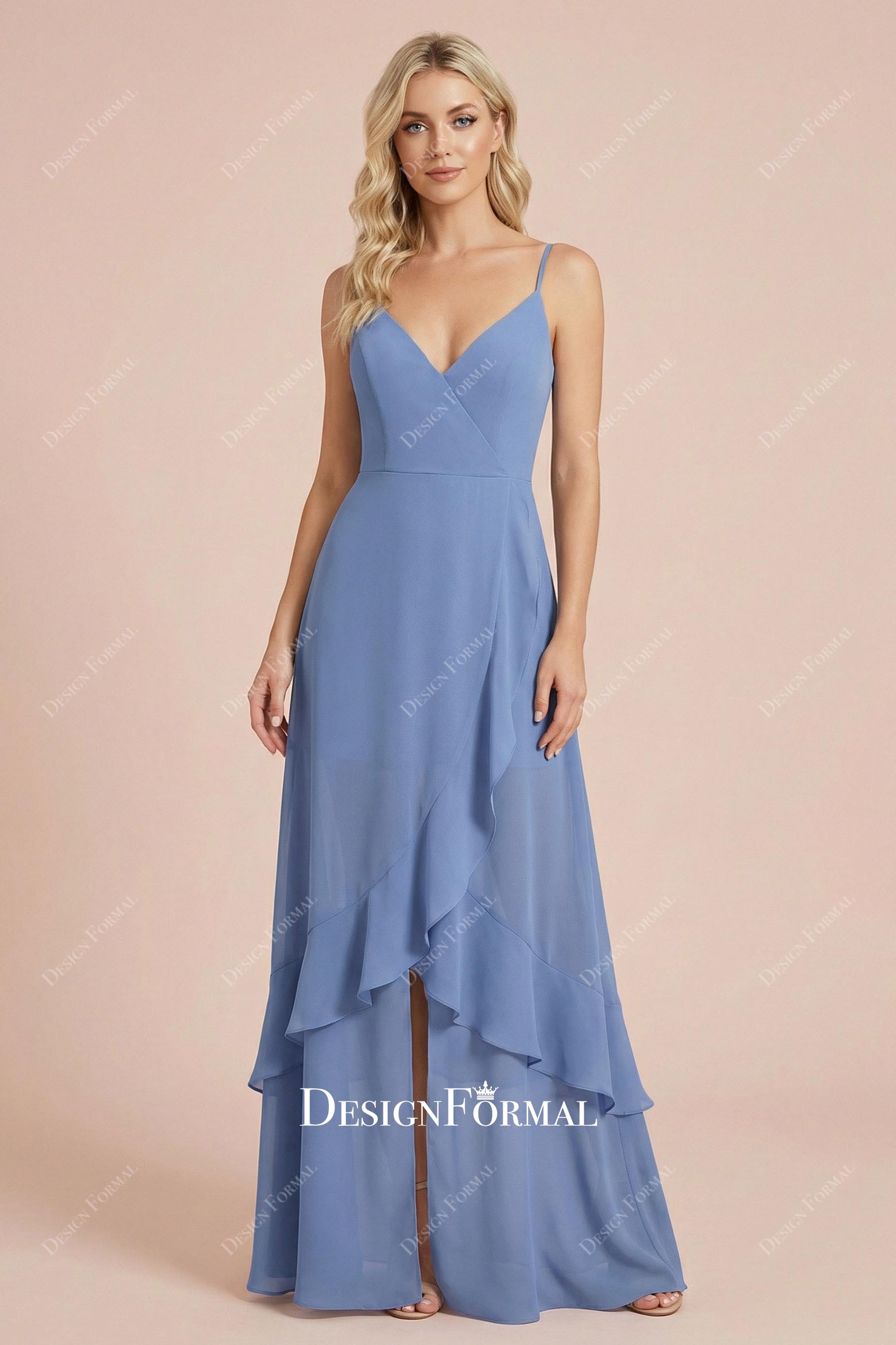 Slate Blue Chiffon Ruffled Slit Bridesmaid Prom Dress
