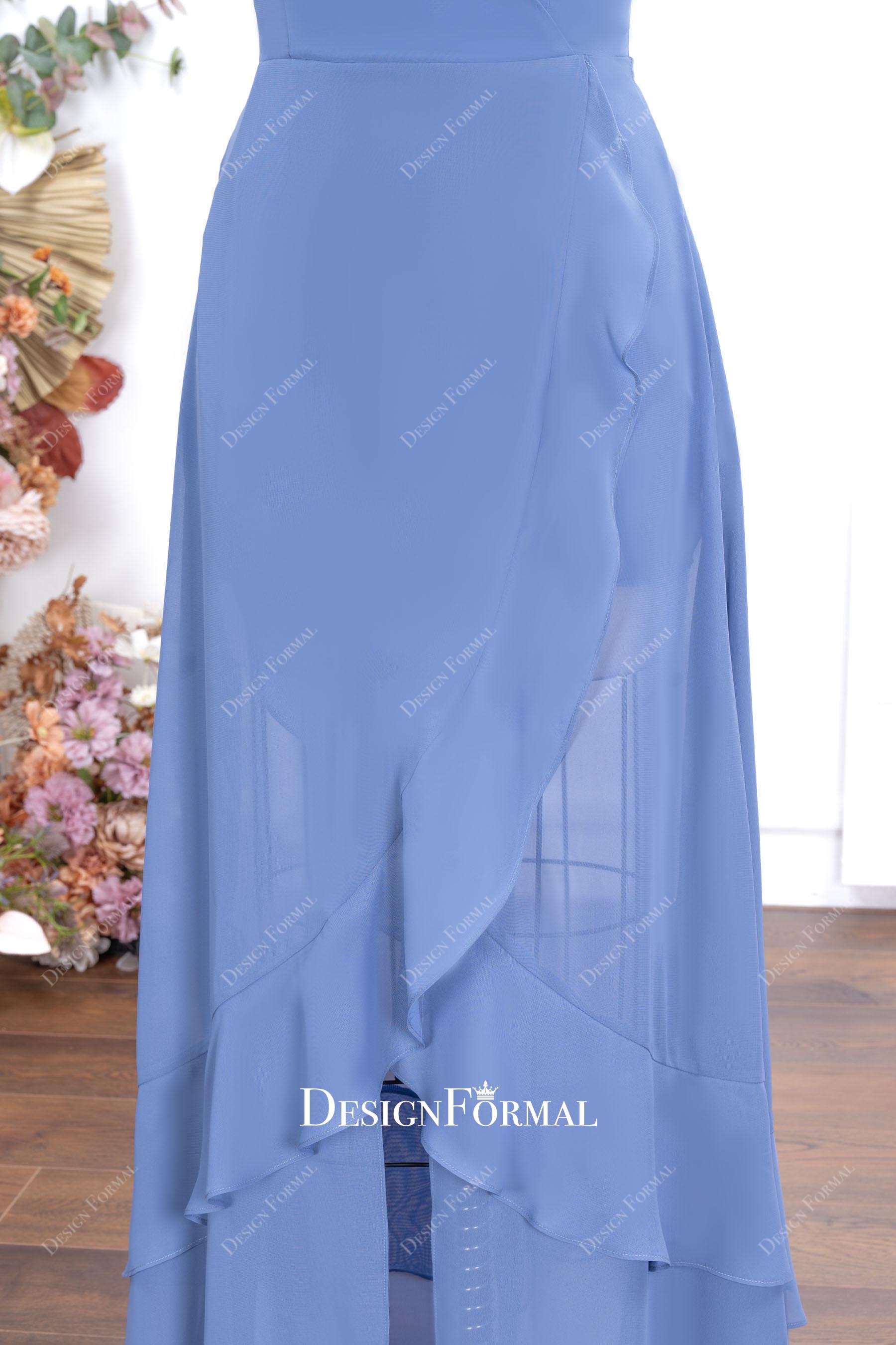 slate blue chiffon ruffles formal dress