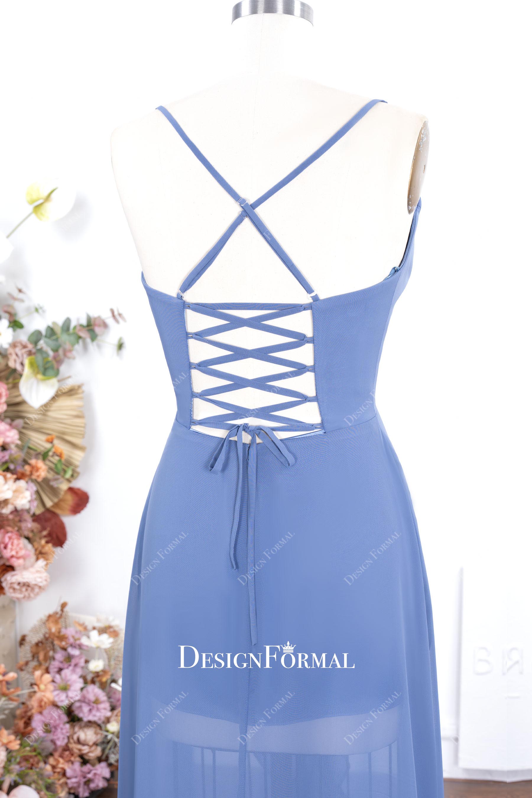 slate blue chiffon strappy back formal dress