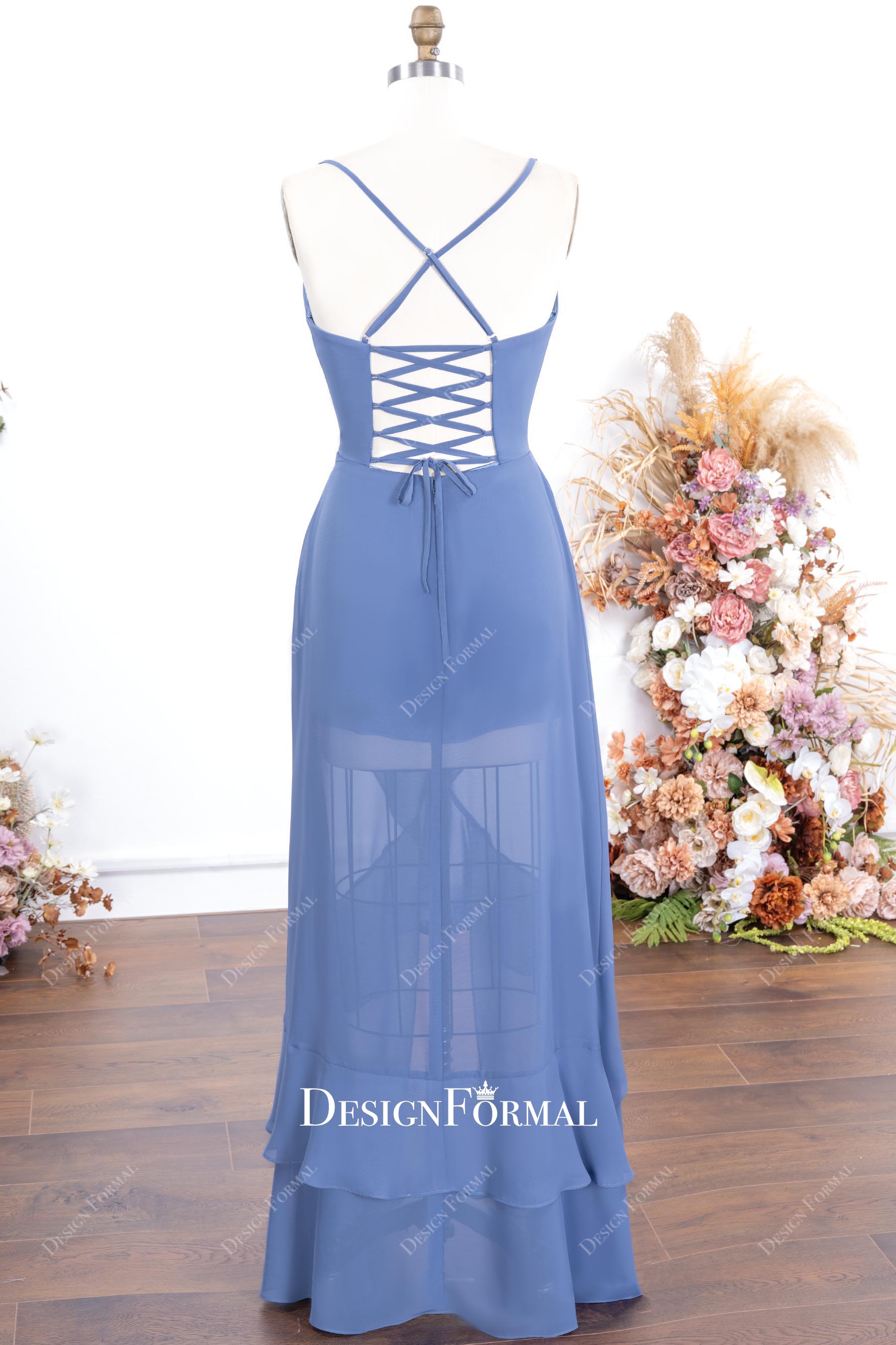 slate blue floor length formal dress