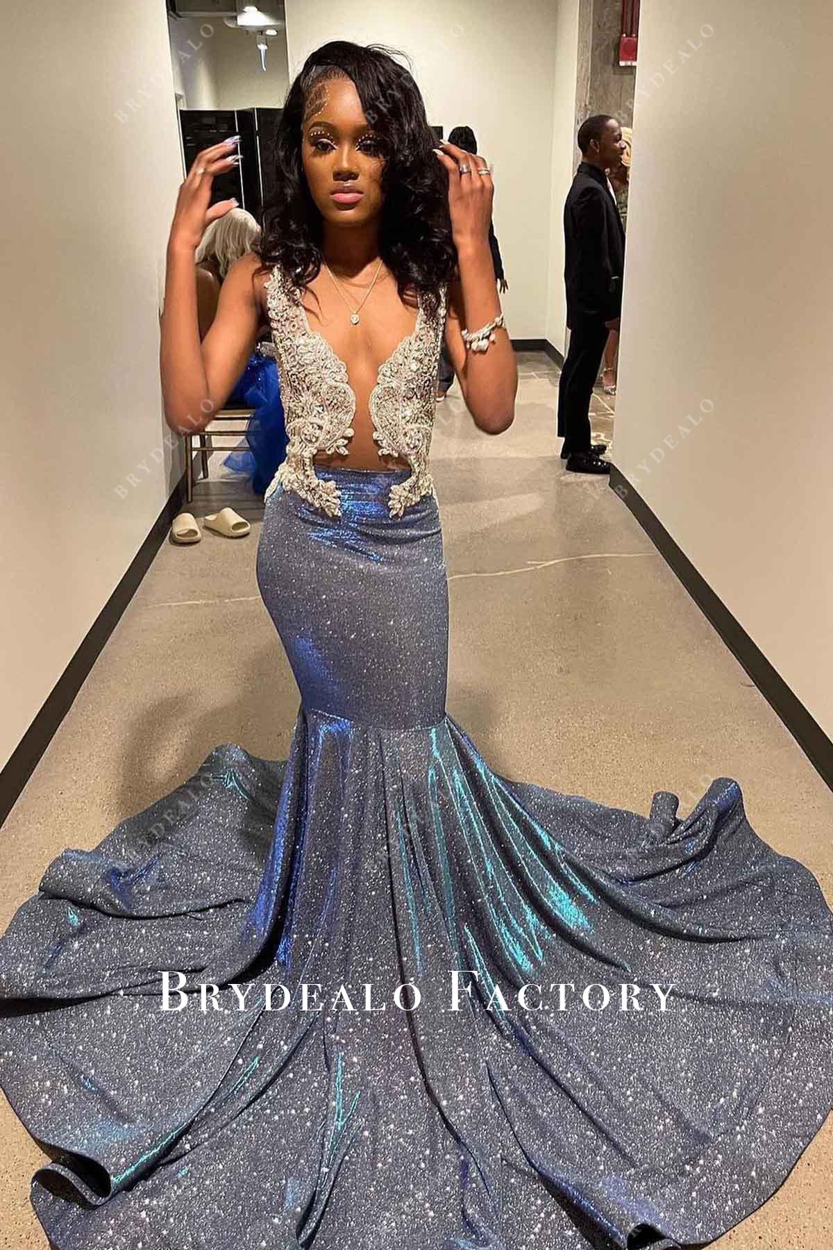 slate blue glitter trumpet prom dress