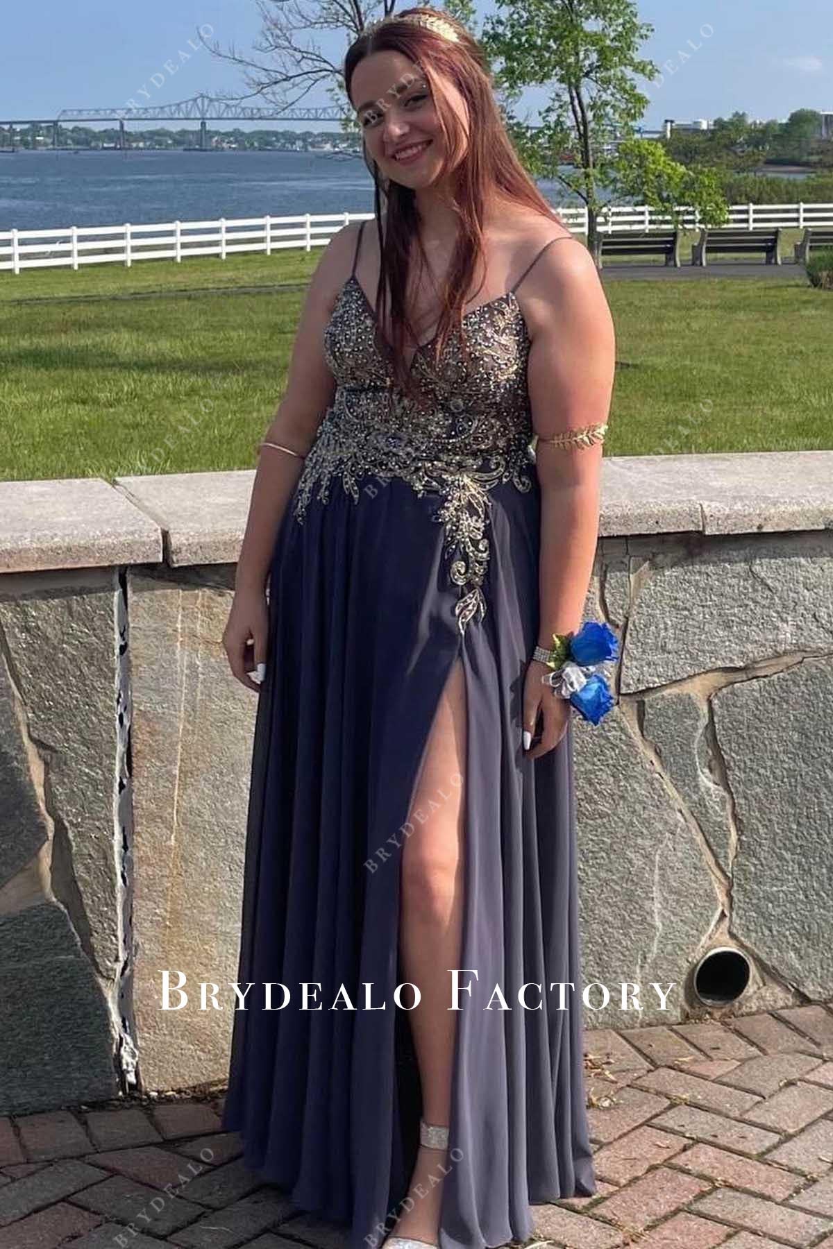 Beaded Lace Appliques Slate Blue Slit A-Line Prom Dress