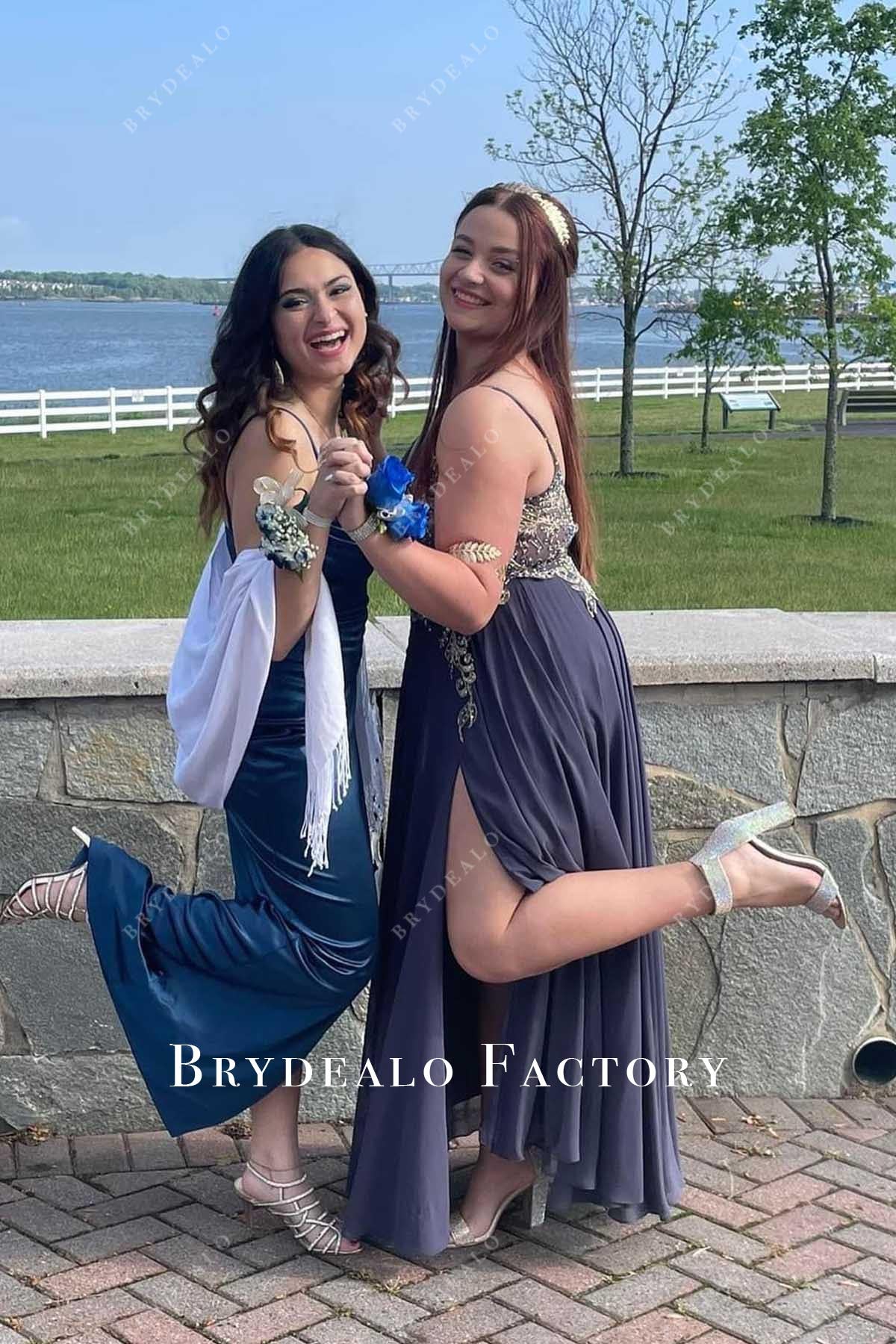 slate blue spaghetti straps prom dress