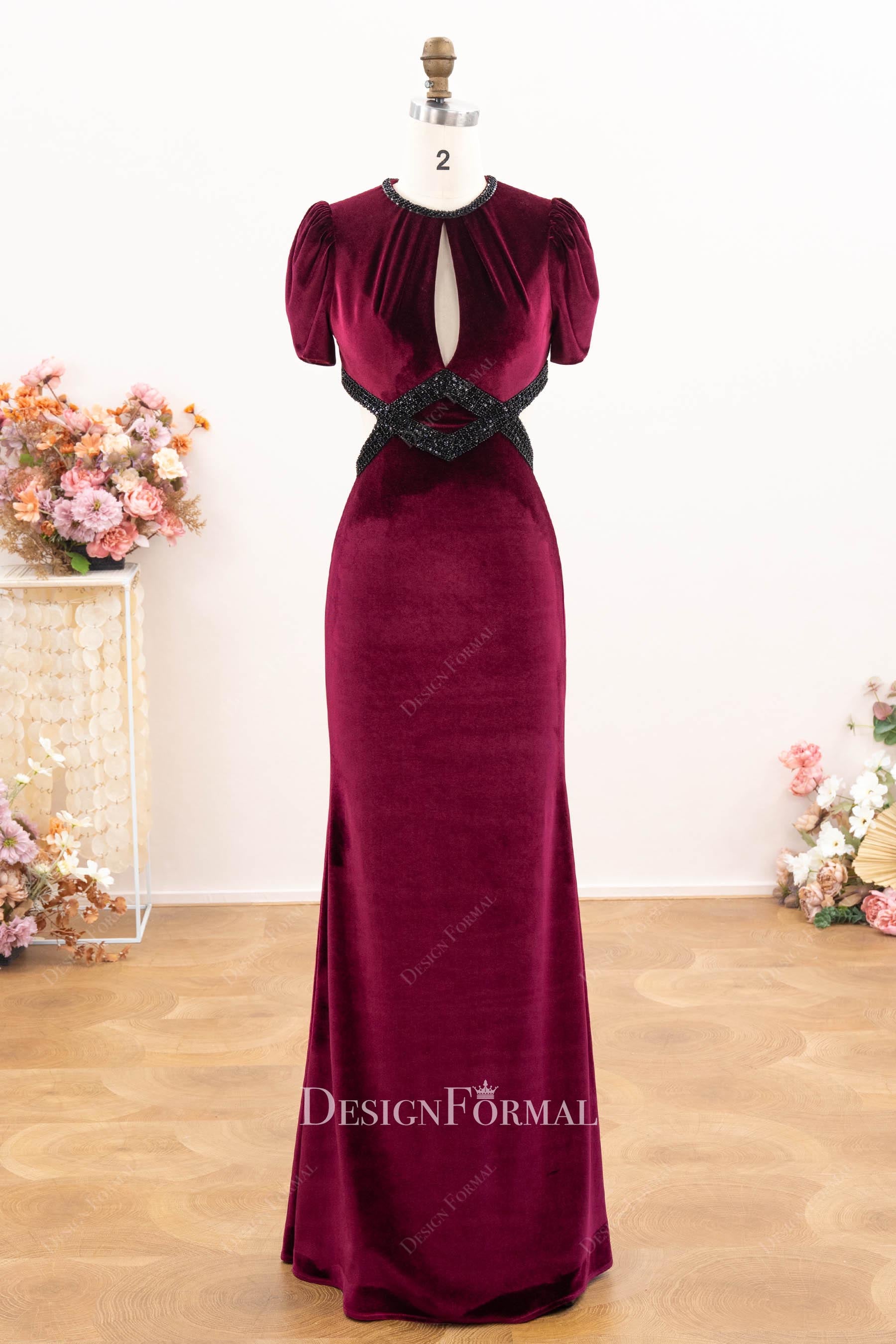 sleeved fit flare velvet evening dress