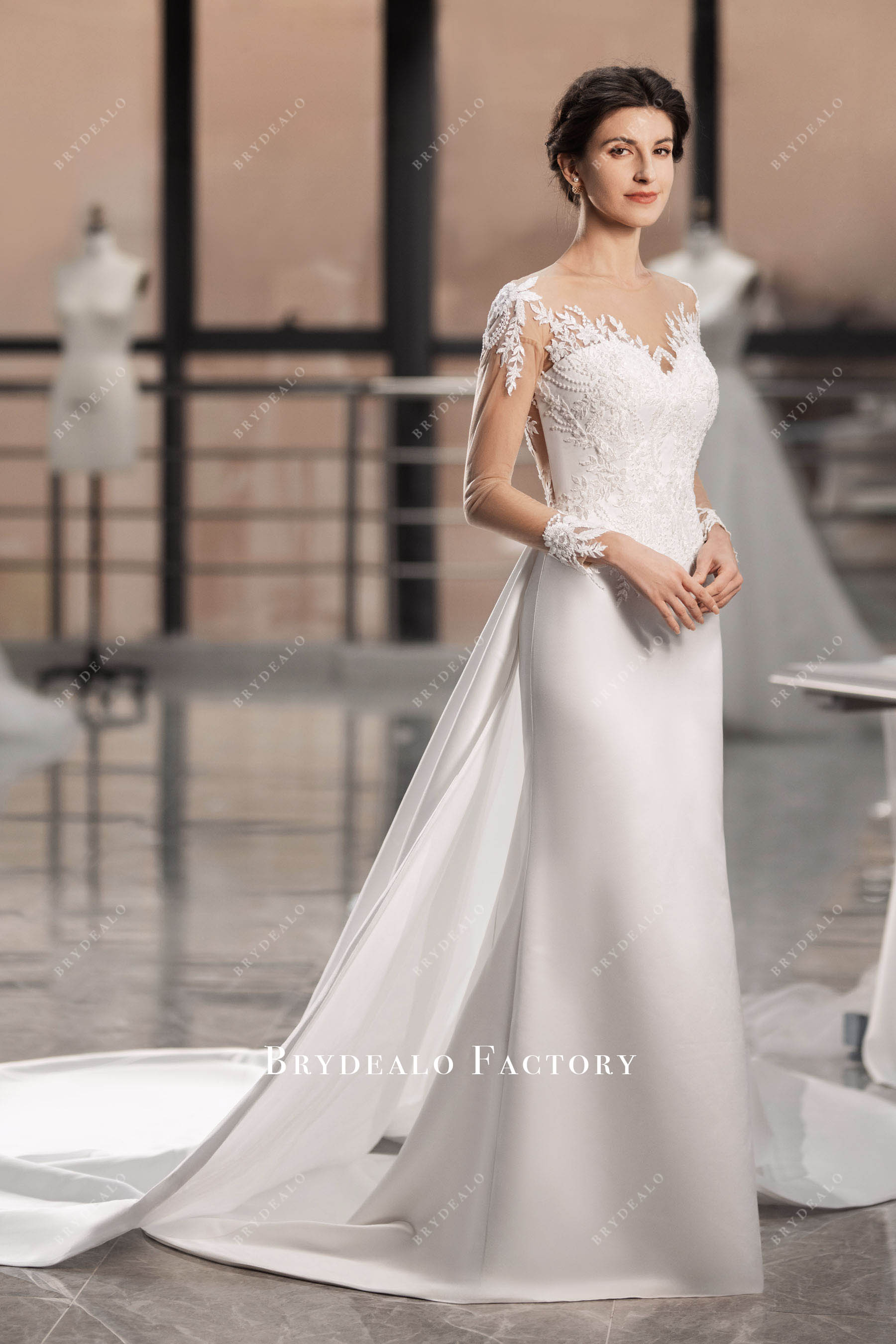 elegant overskirt lace satin wedding dress