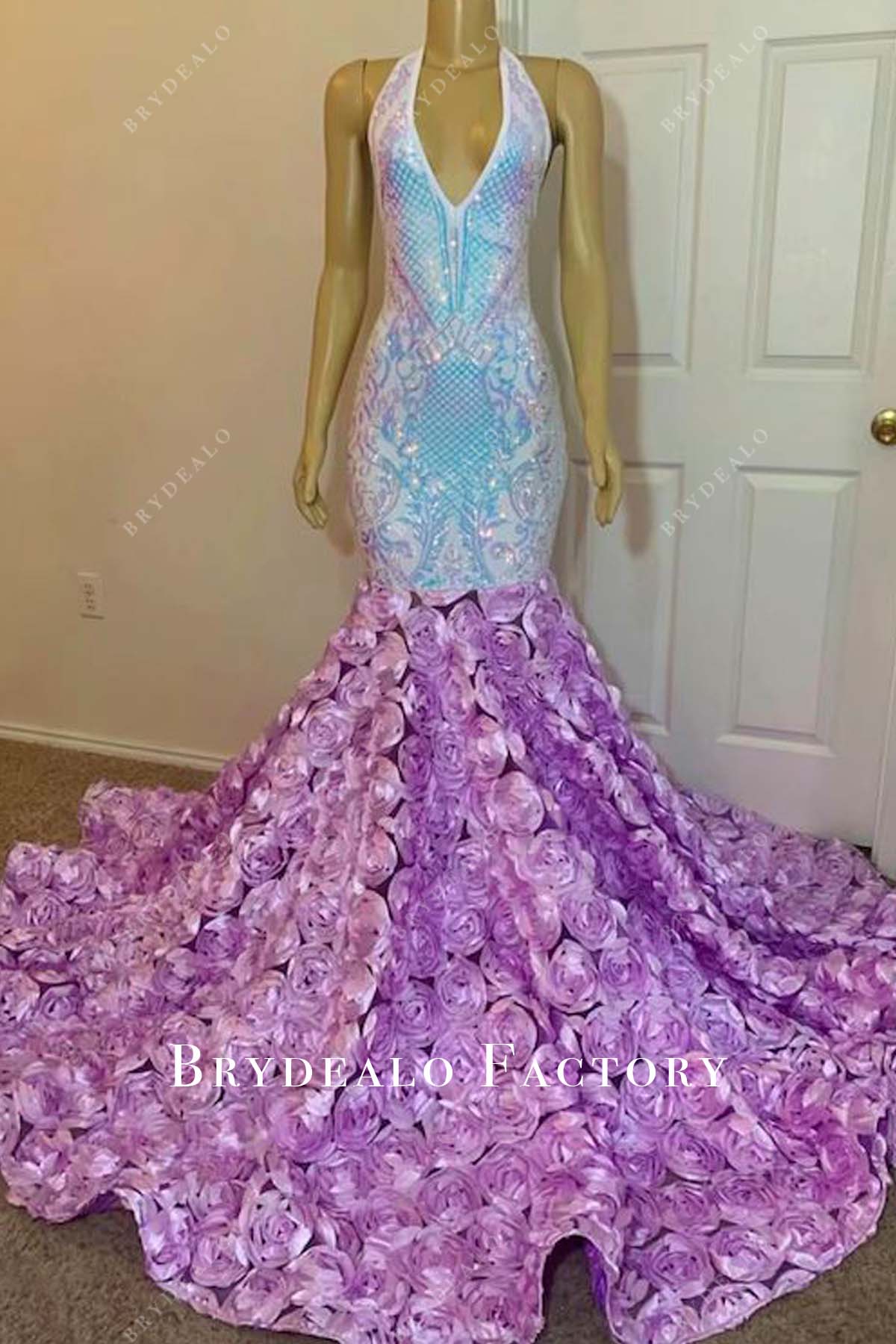 Iridescent Sequin Halter Neck Lilac 3D Rose Trumpet Prom Dress Iridescent Sequin Halter Neck Lilac 3D Rose Trumpet Prom Dress