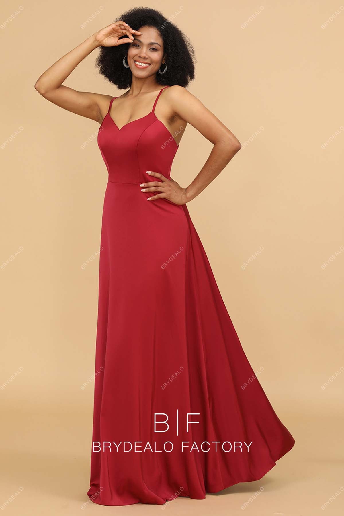 Red Simple Spaghetti Straps Charmeuse Bridesmaid Dress