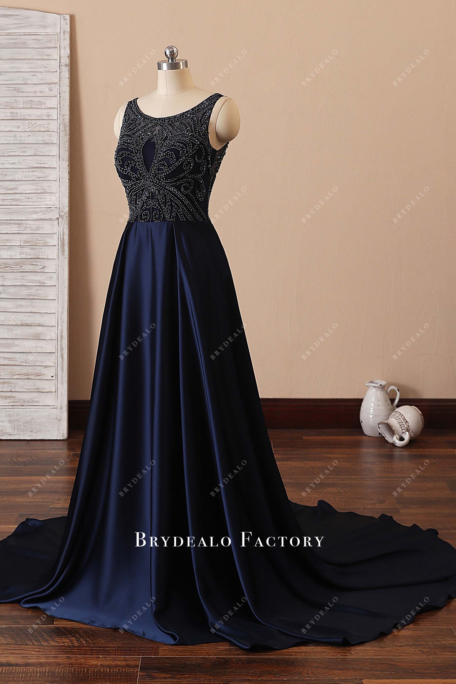 sleeveless navy blue beaded lace satin long formal gown