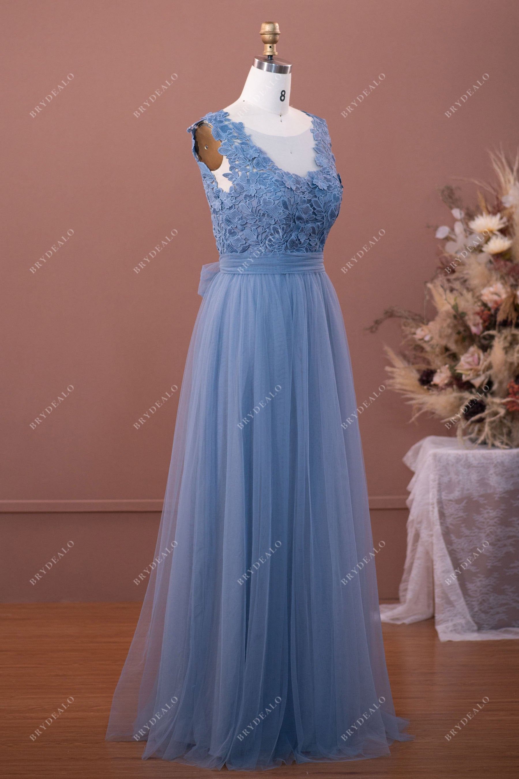 sleeveless blue lace tulle A-line long bridesmaid dress