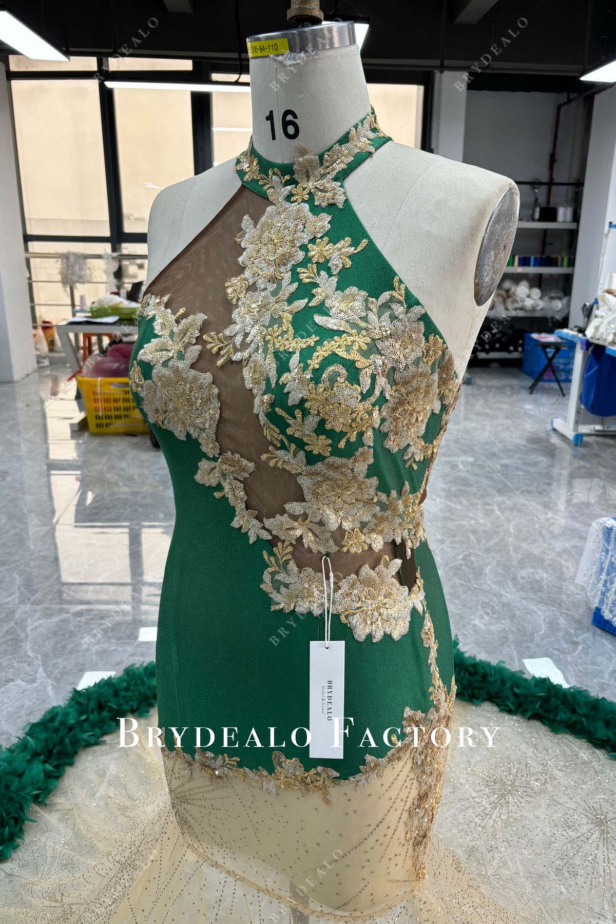 sleeveless halter neck gold green prom gown