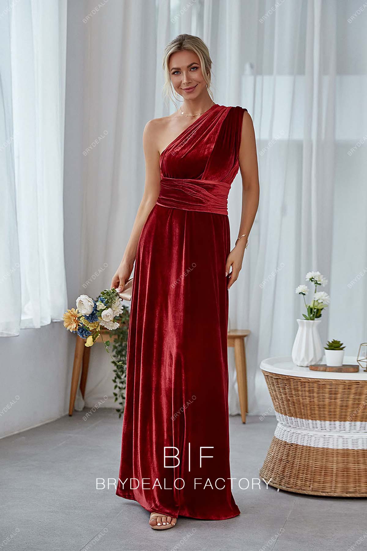 one shoulder long velvet bridesmaid dress
