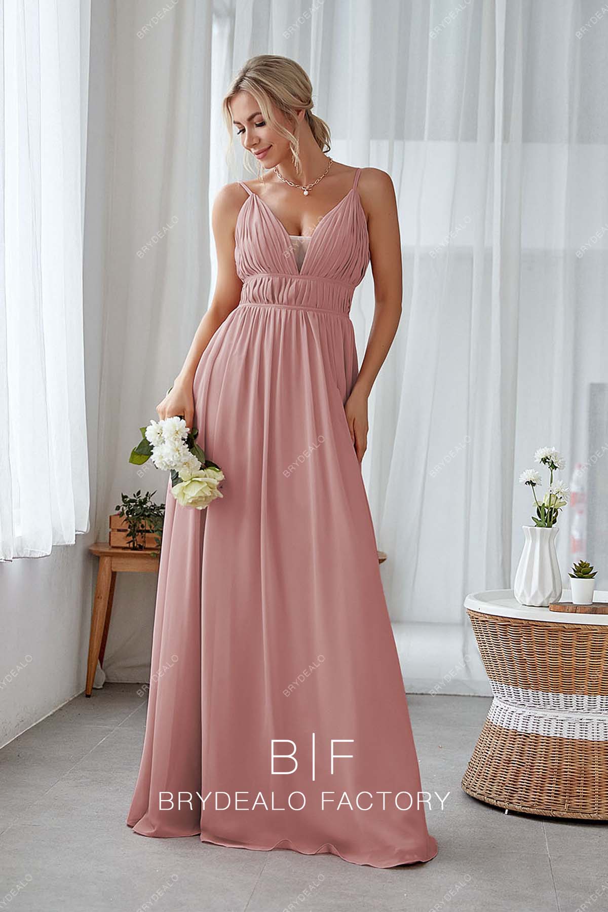 sleeveless pleated chiffon open back bridesmaid gown