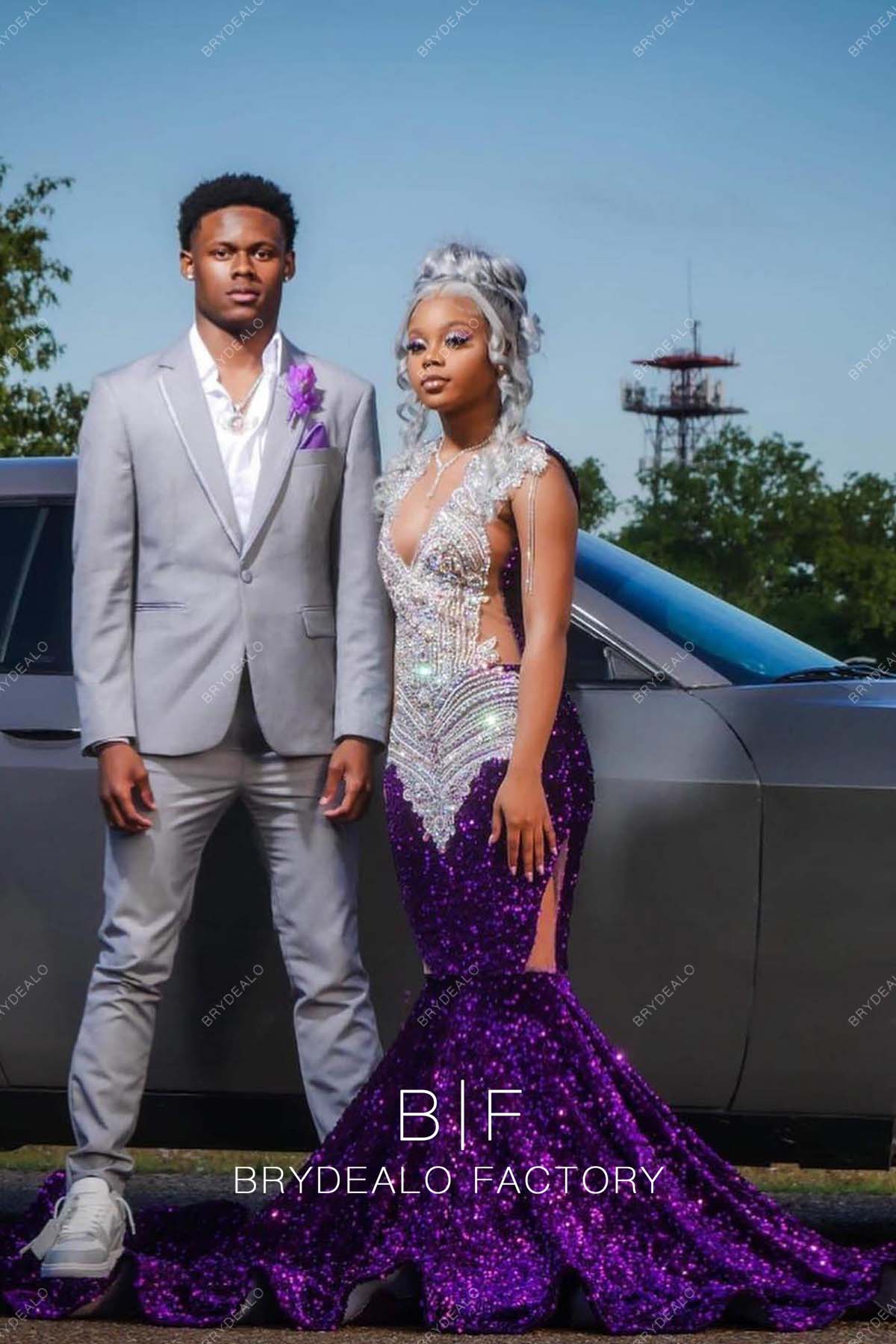 sleeveless long train purple sequin prom dress