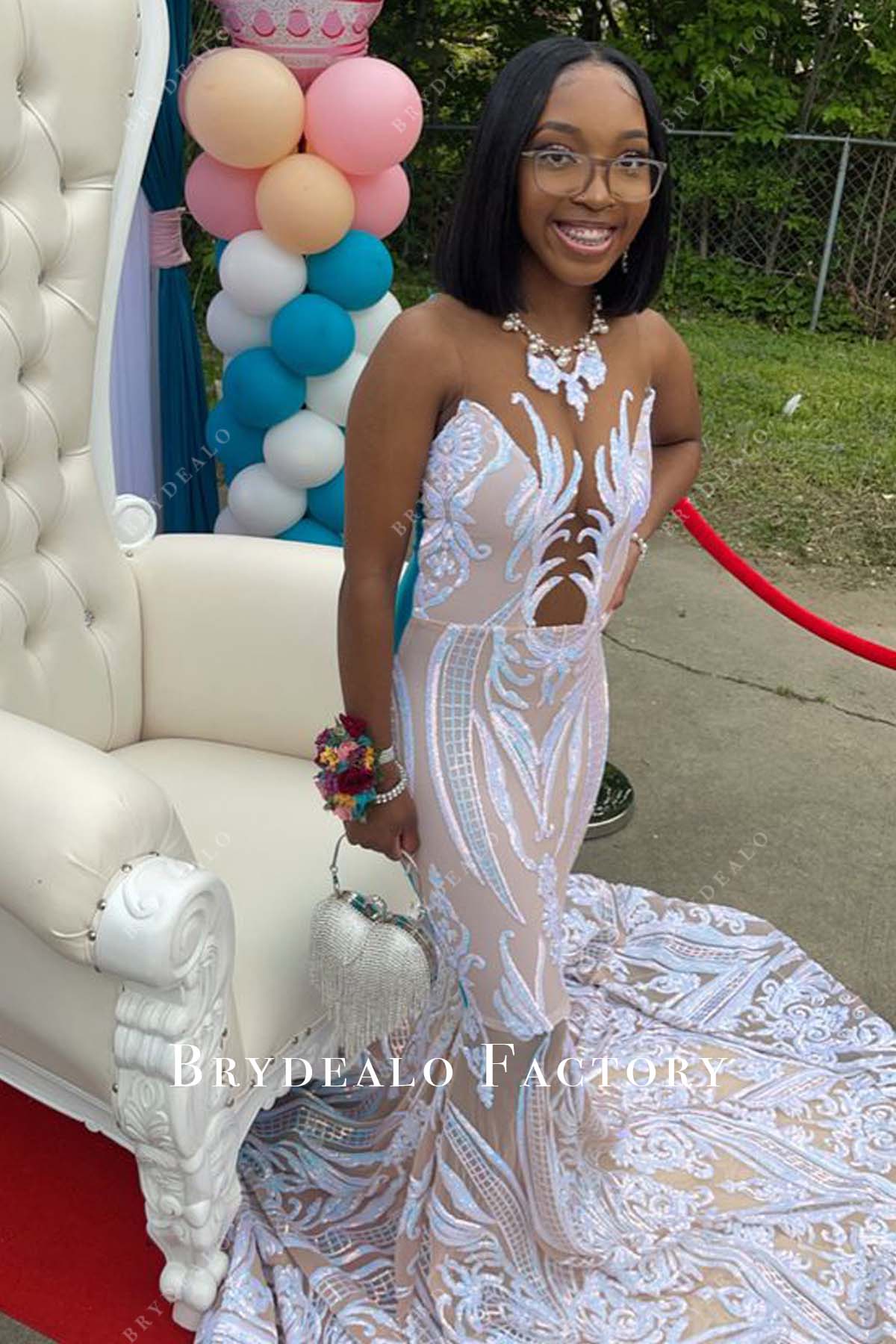 sleeveless illusion neck sparkly prom dress