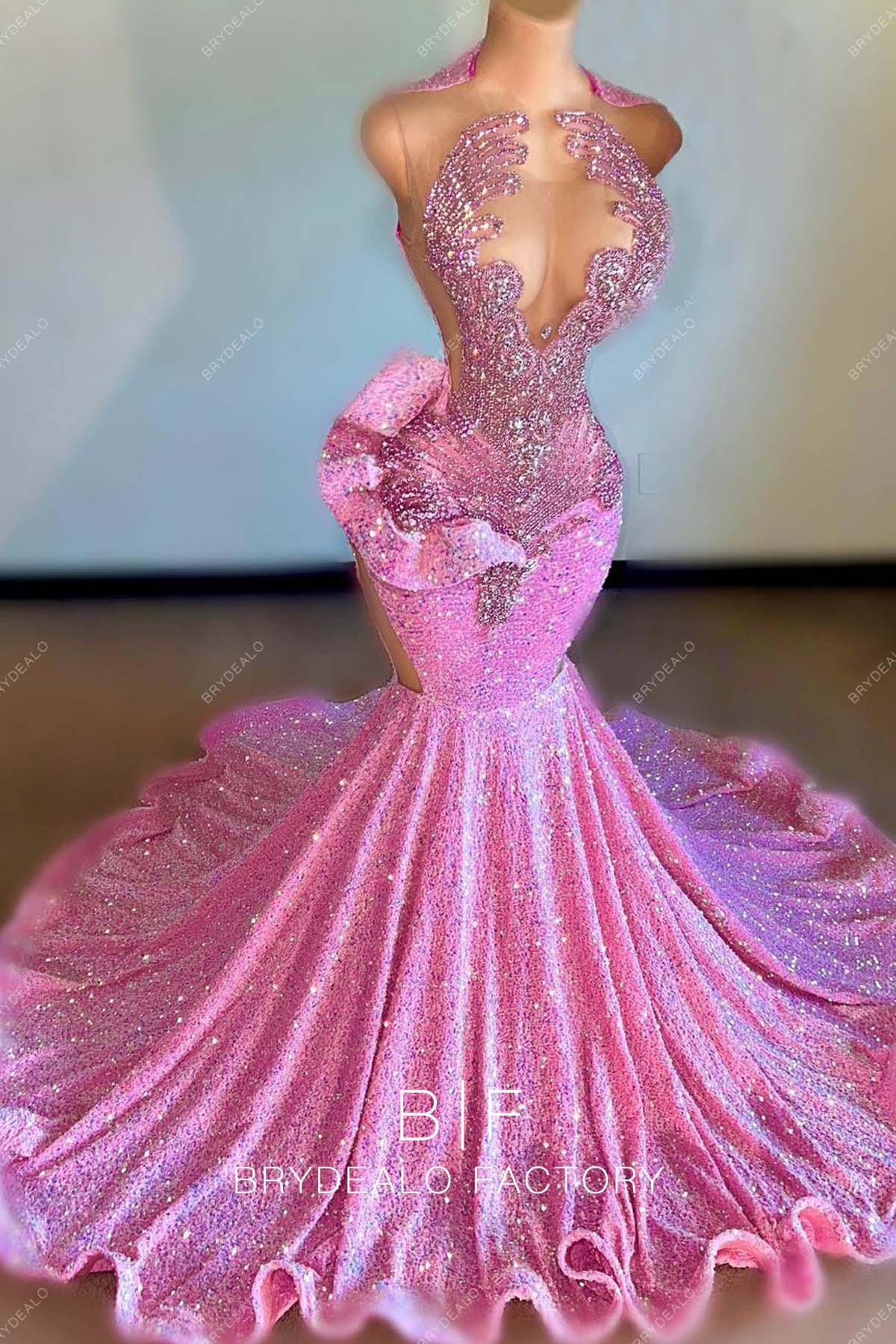 Sparkly Pink Sequin Mermaid Long Train Sleeveless Dress