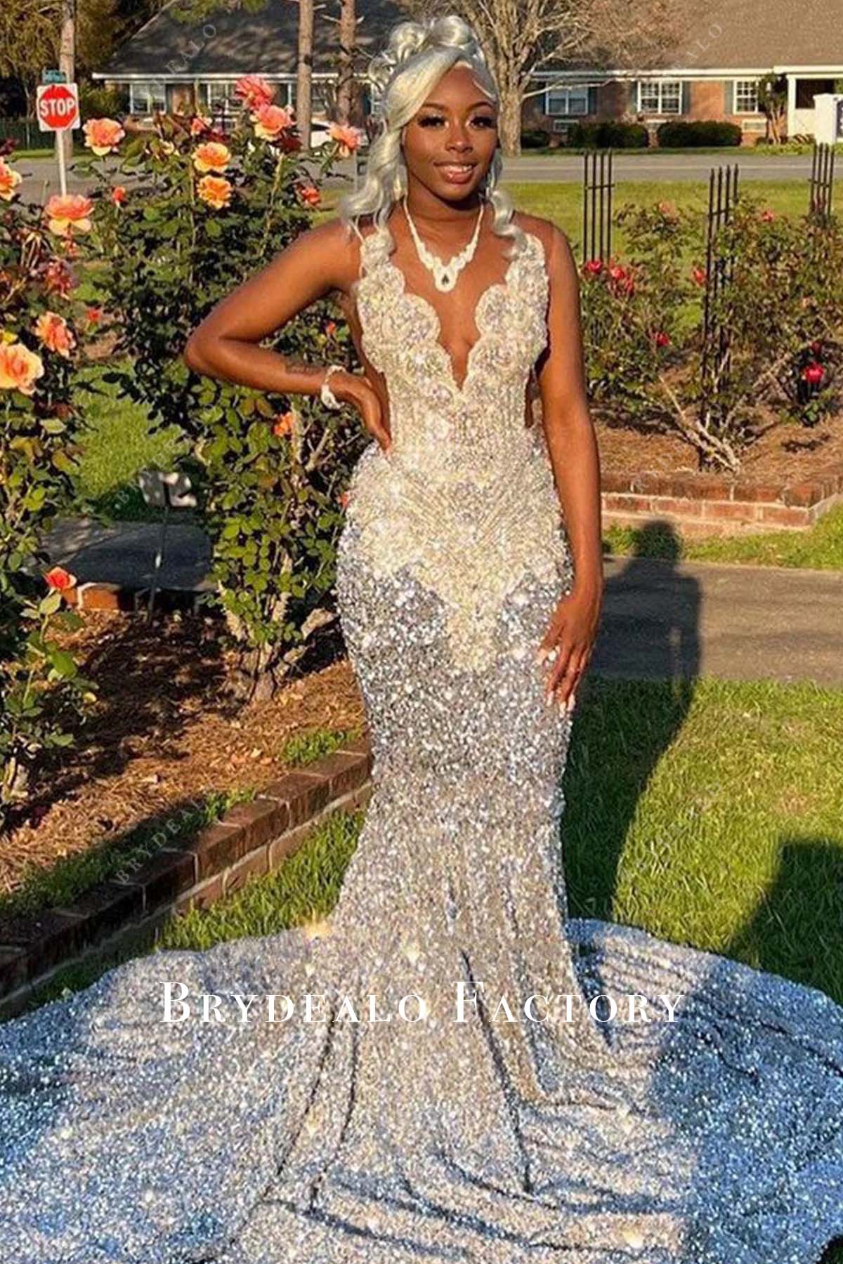 Silver Sequin Rhinestones Sleeveless Long Train Mermaid Prom Dress