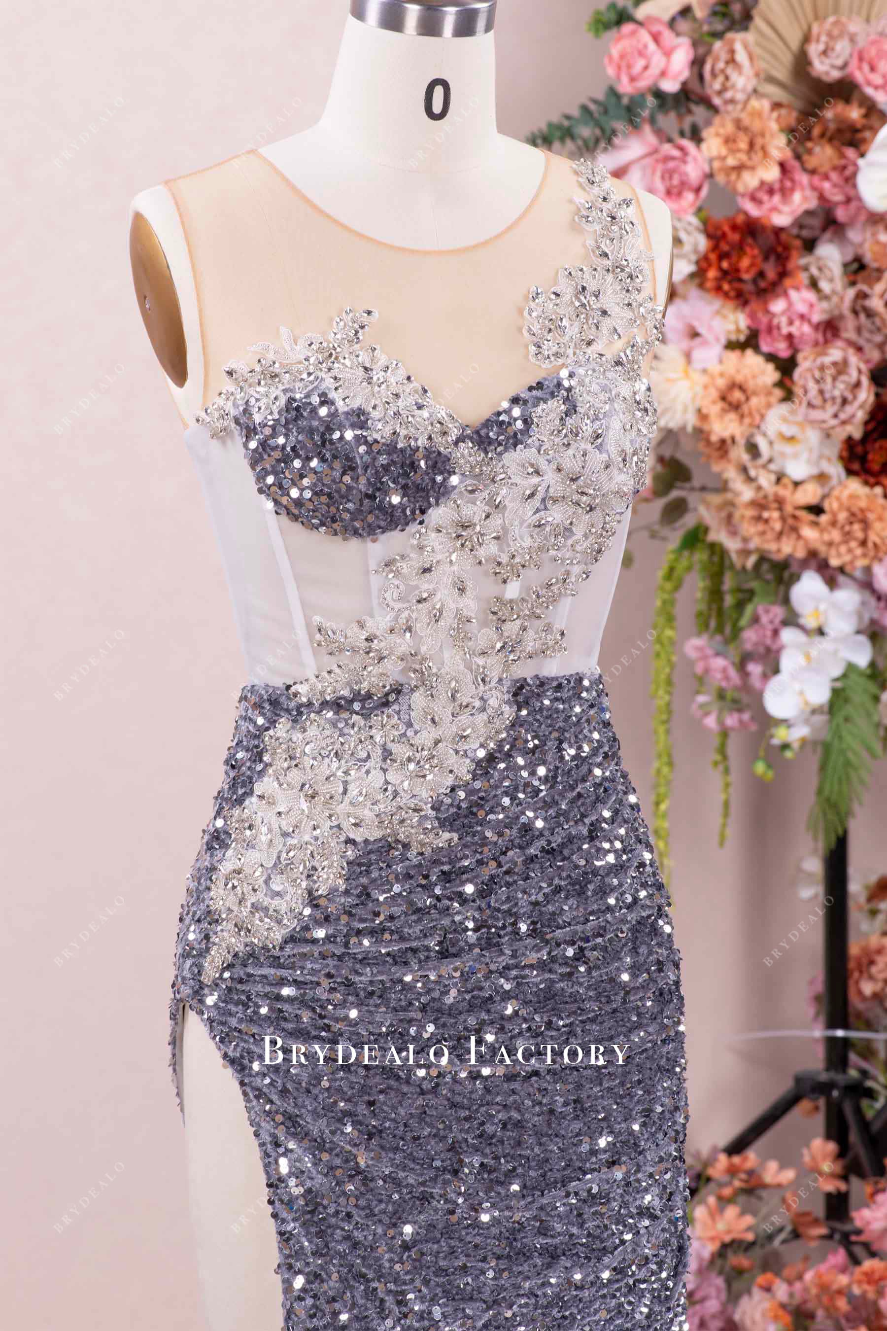 sleeveless silver rhinestone corset prom dress
