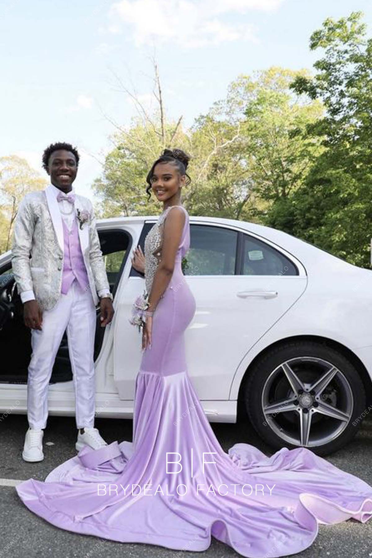 sleeveless lilac jersey long train prom dress