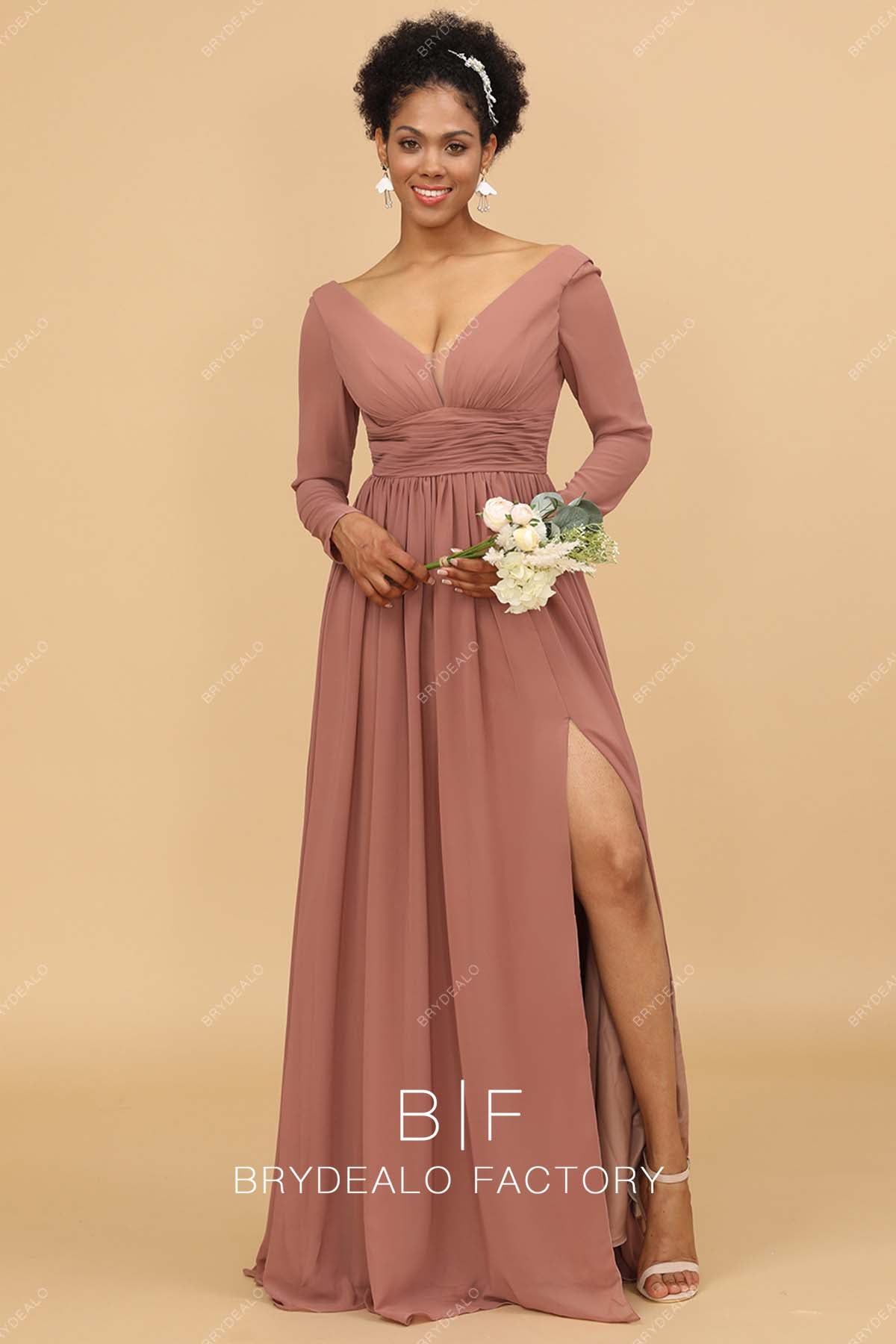 fitted lace wedding dress Elegant Nude Pink Chiffon V-Neck Long Sleeves Bridesmaid Evening Dress