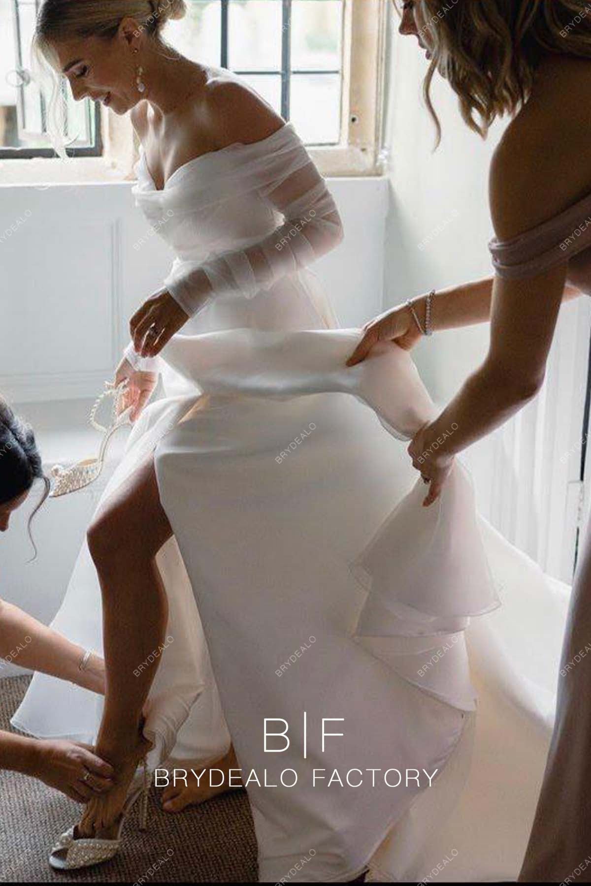 Off-Shoulder Organza Slit Custom Destination Wedding Dress