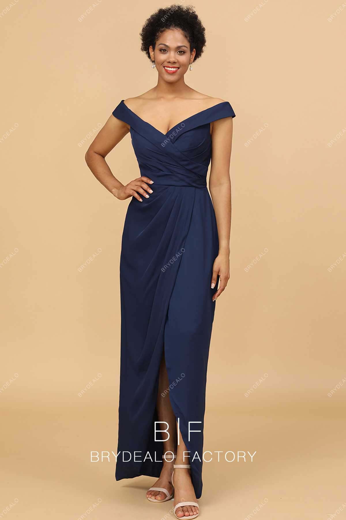 Off Shoulder Navy Blue Charmeuse Sheath Dress with Slit