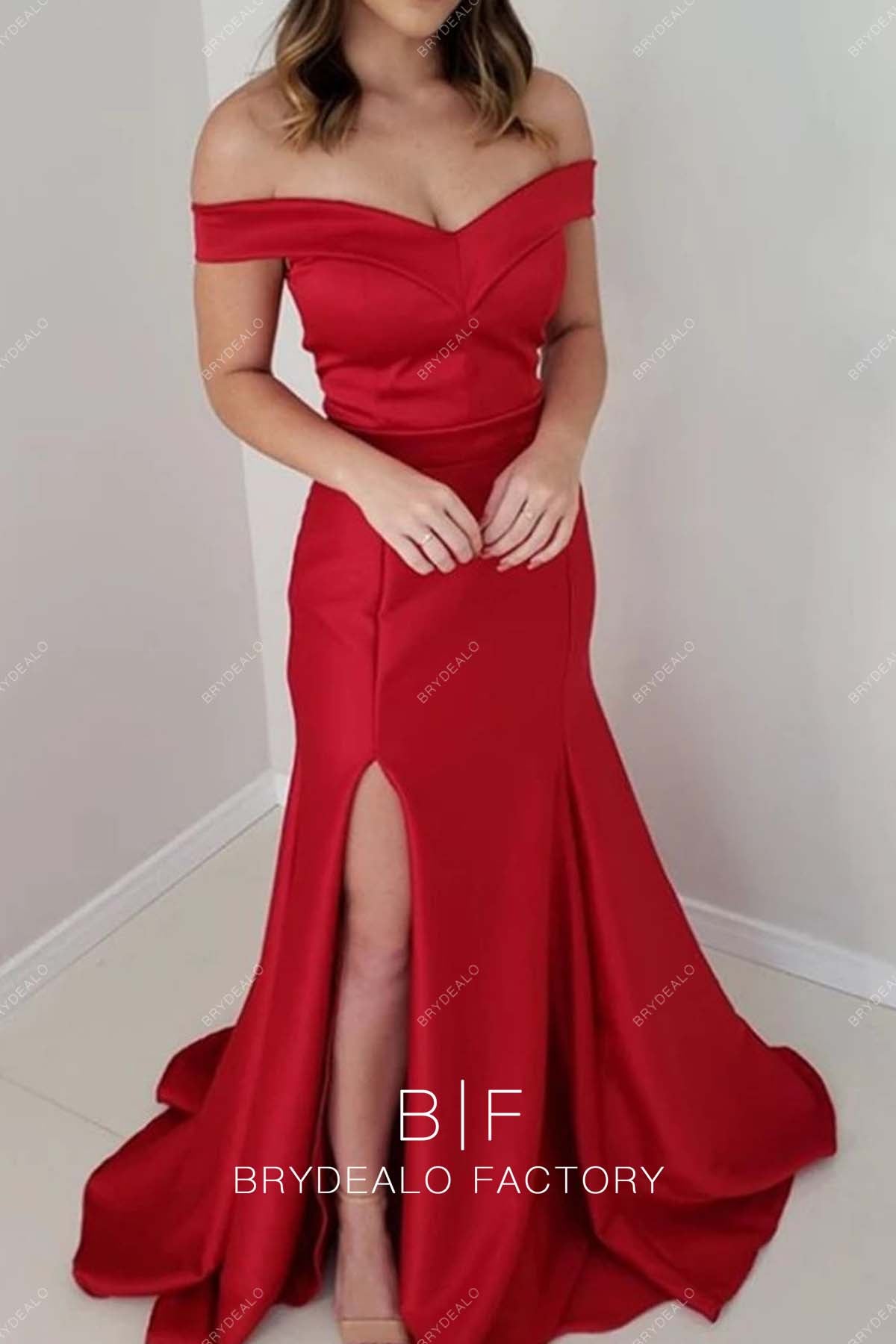 Red Satin Off Shoulder Sexy Slit Mermaid Prom Dress