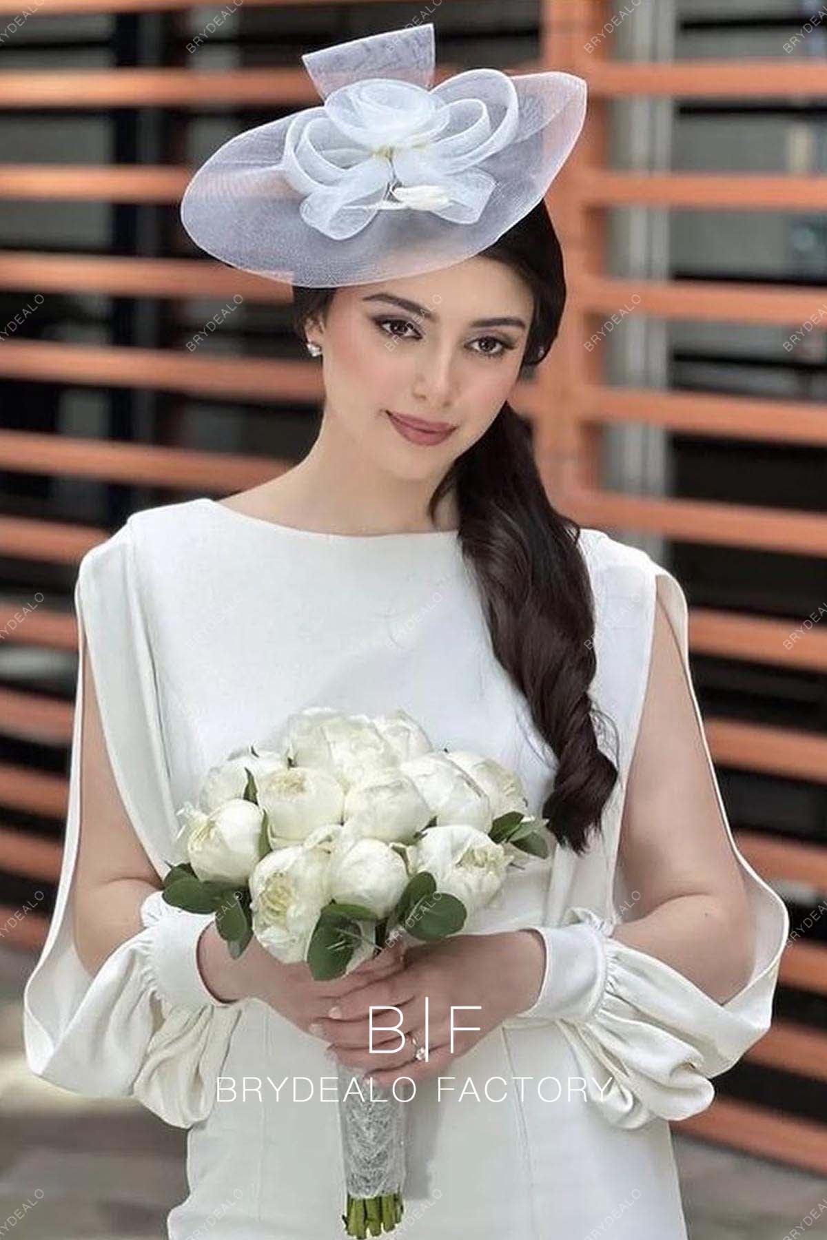 white dress jumpsuit White Crepe Vintage Split Bishop Sleeves Custom Bridal Jumpsuit
