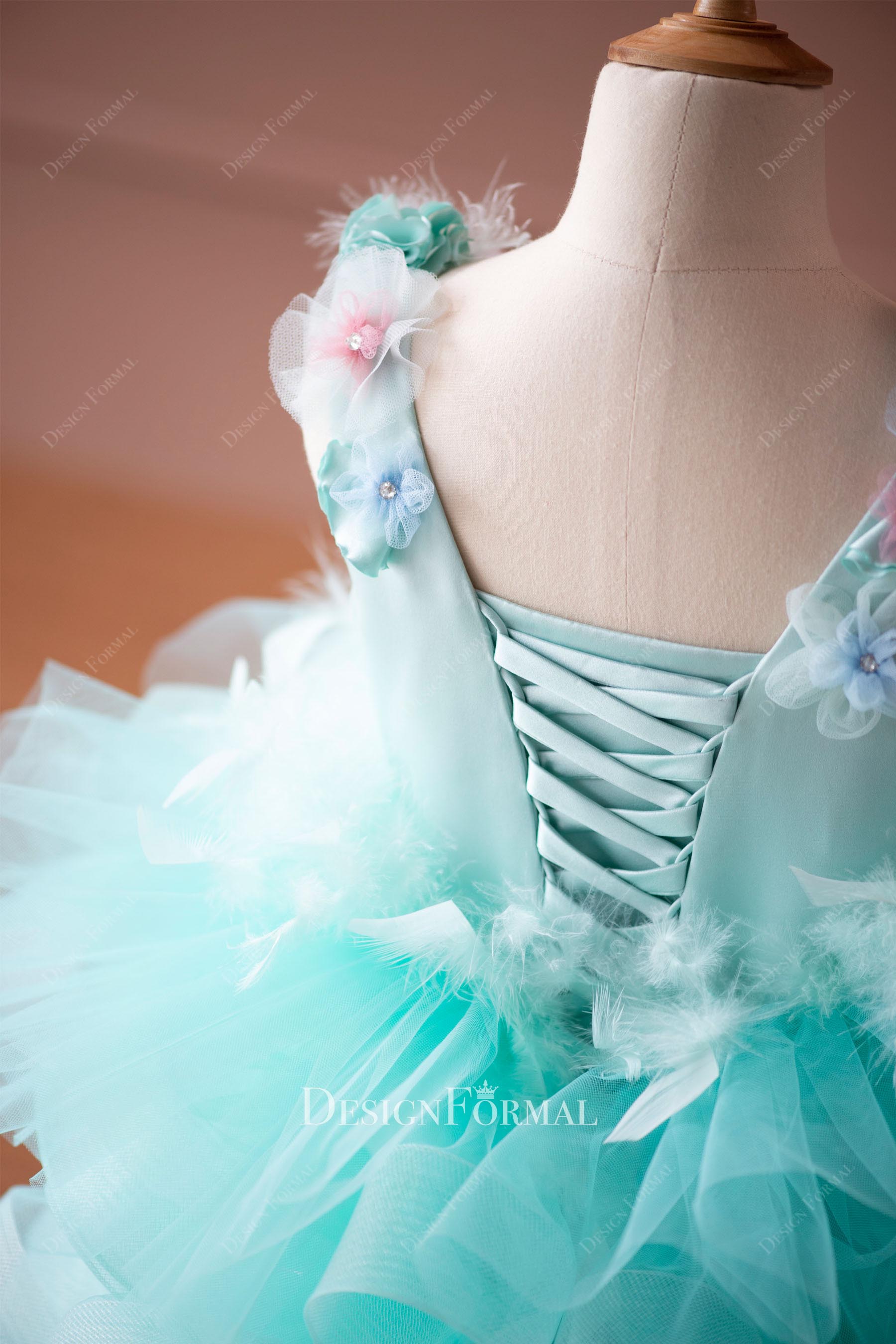 spa green ruffled tulle short flower girl dress