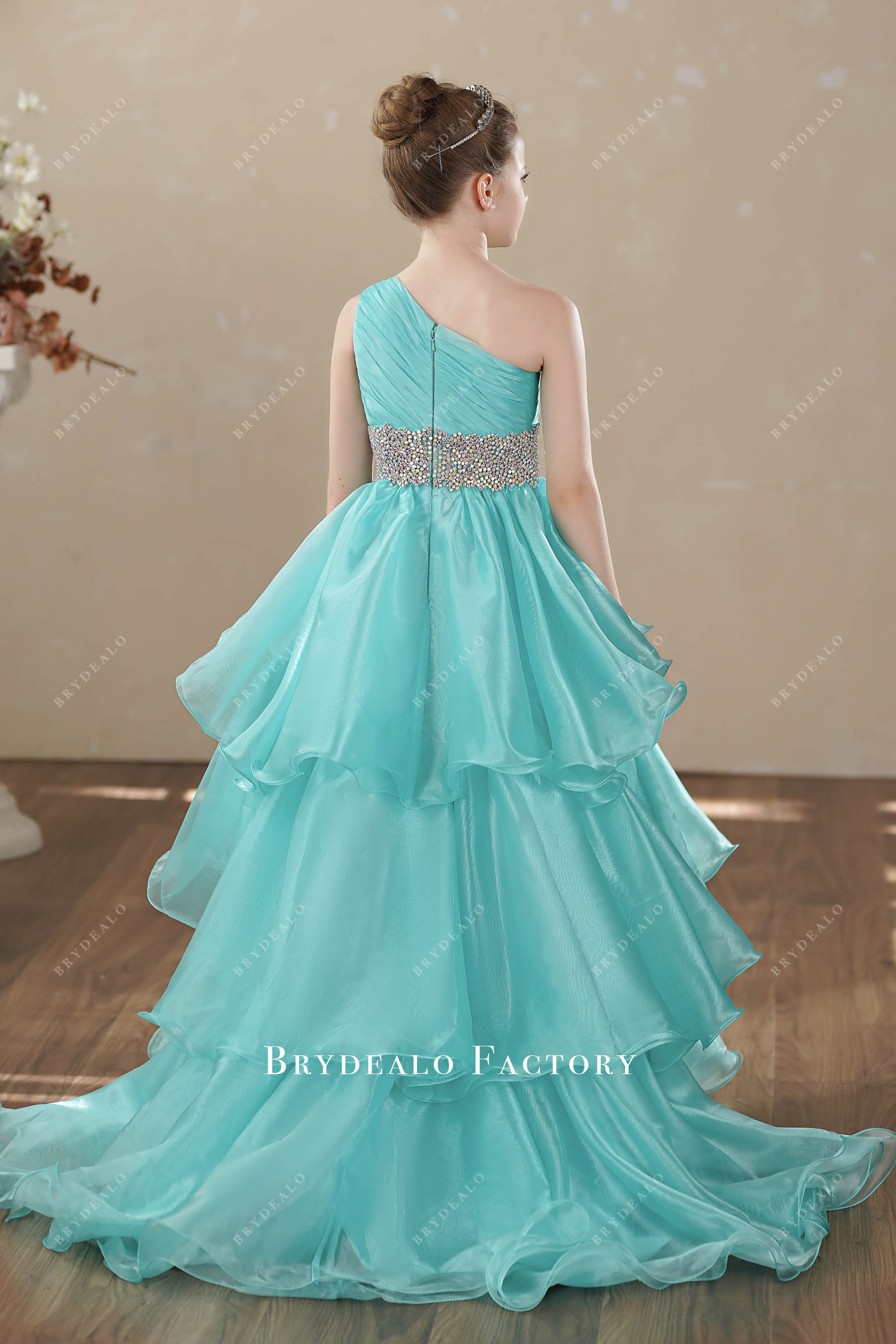 spa blue ruffled organza kids ballgown