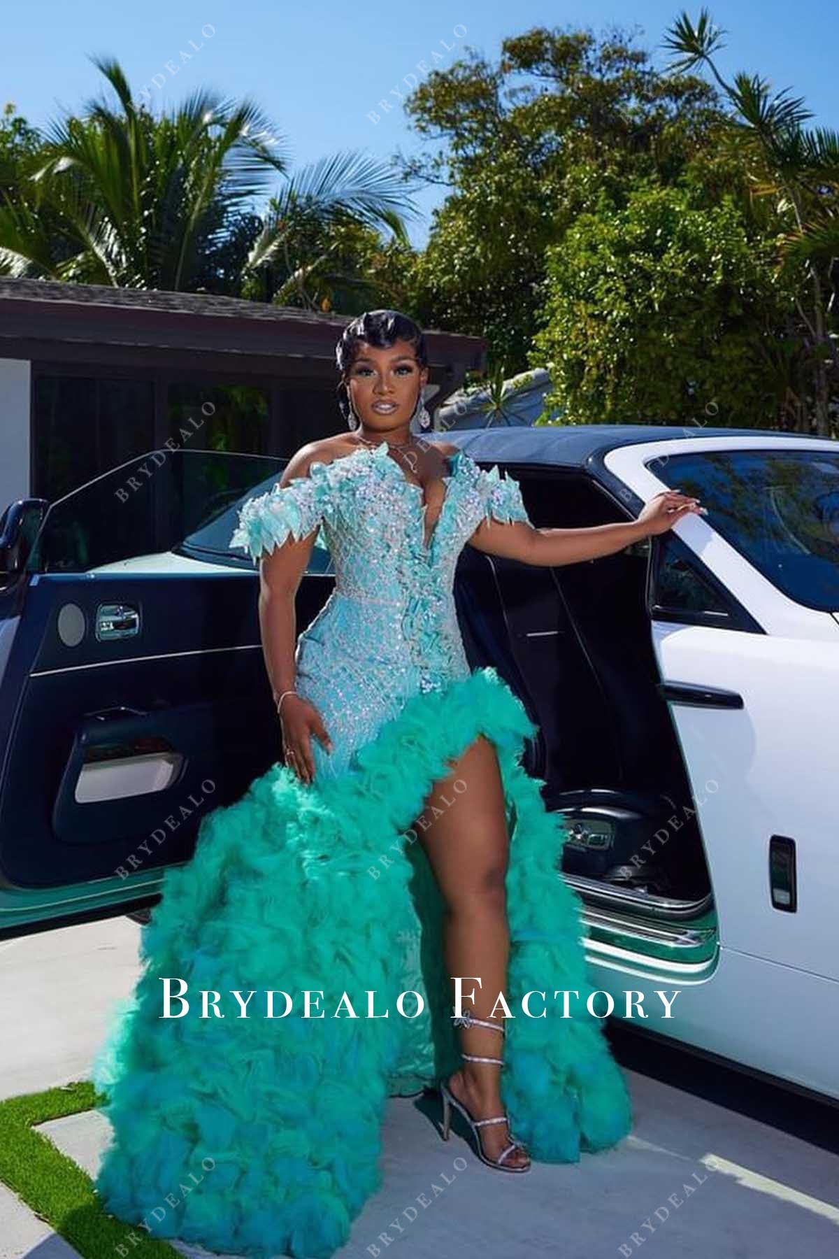 spa ruffled trumpet prom dress