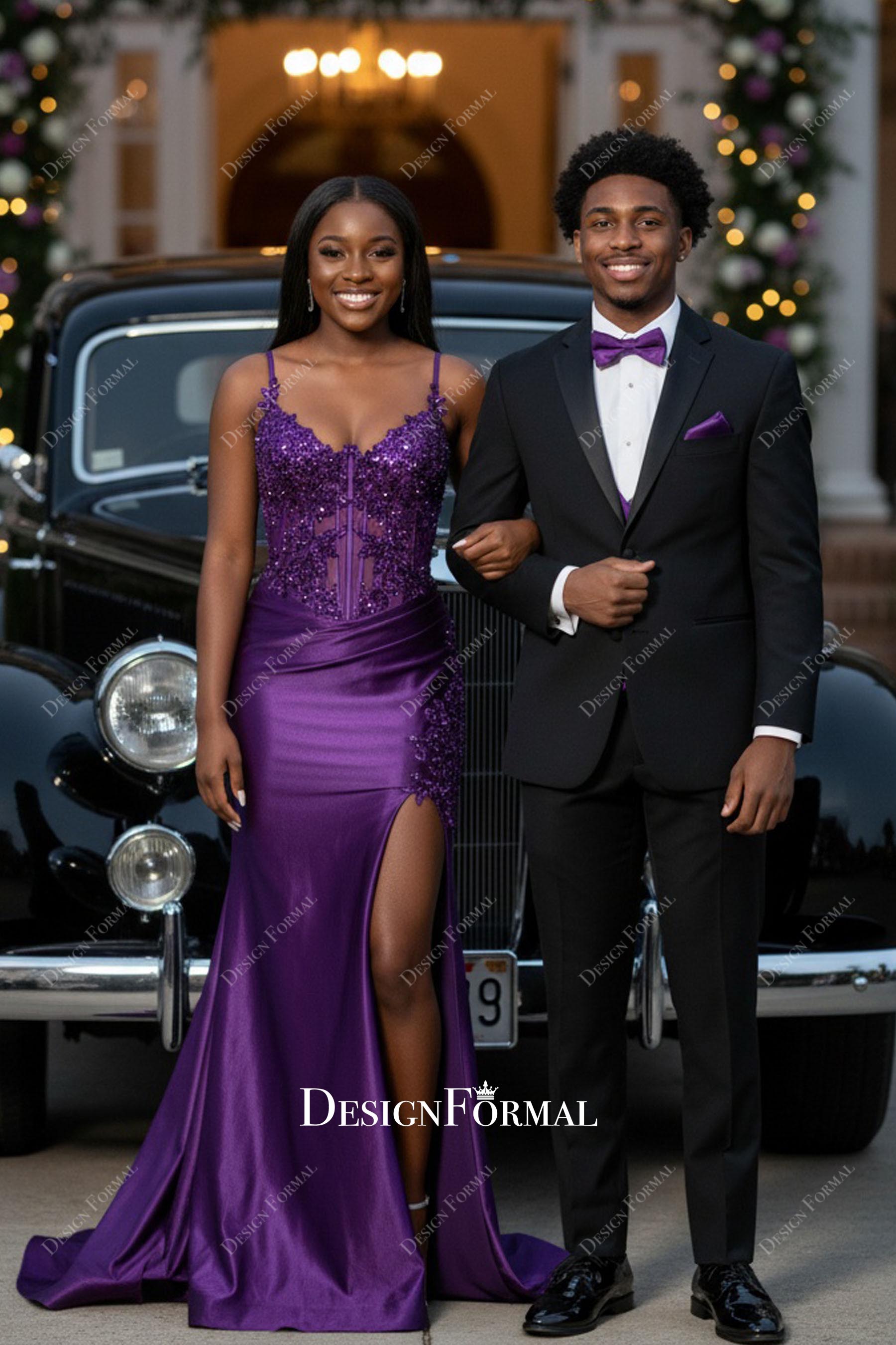 Chic Grape Spaghetti Strap Illusion Corset Slit Prom Dress