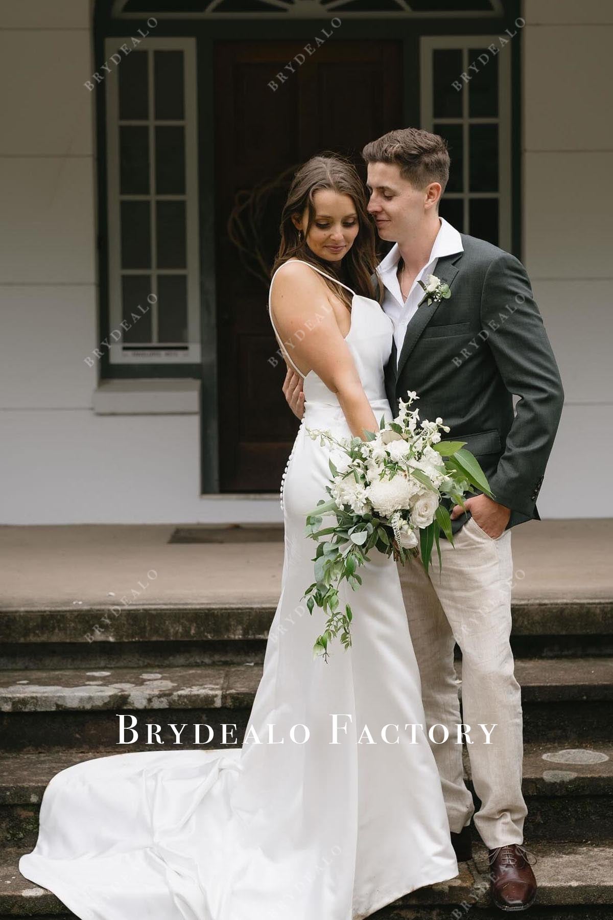 spaghetti straps court train wedding dress