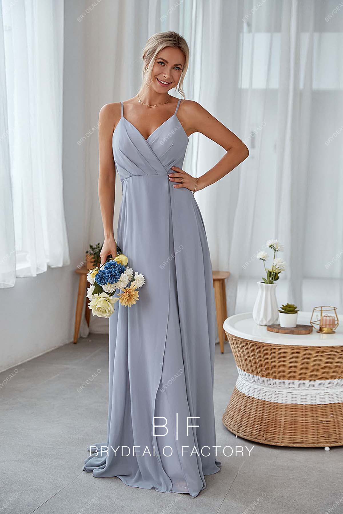 spaghetti straps dusty blue bridesmaid gown