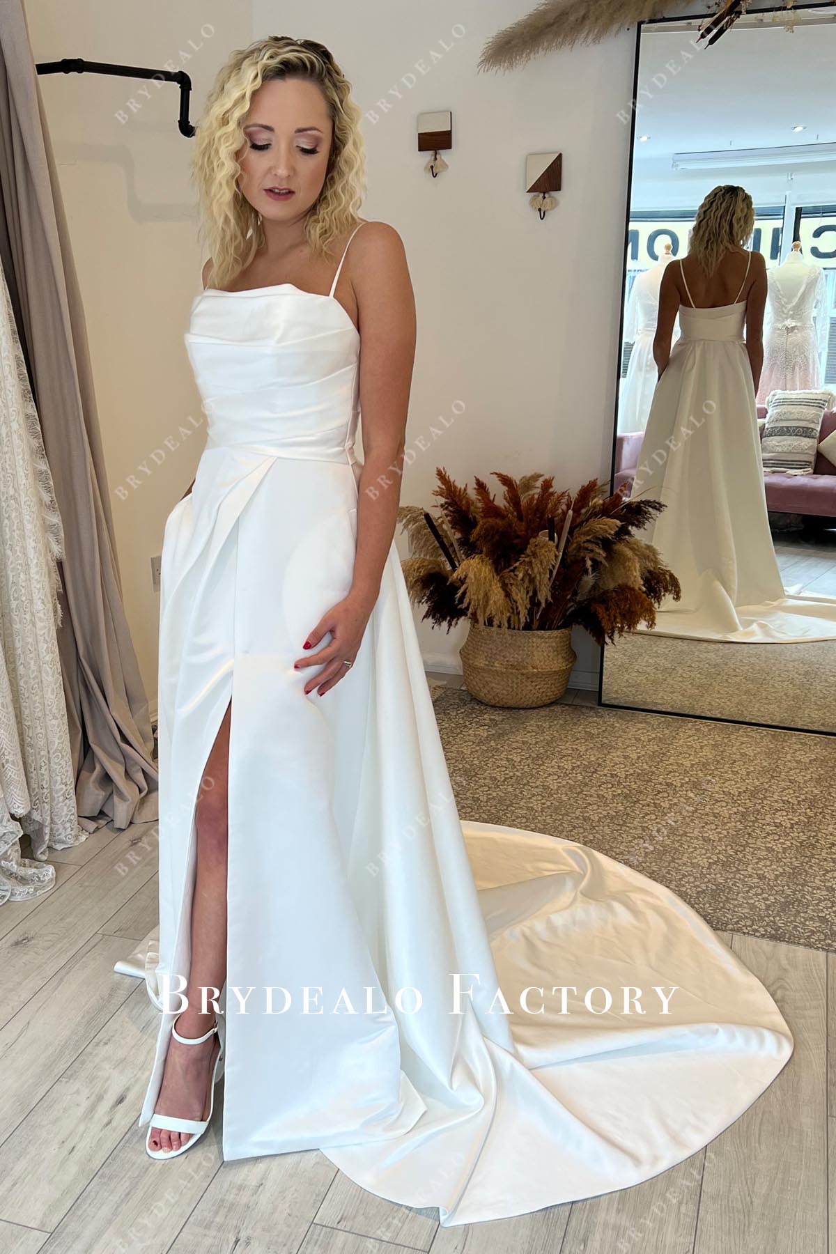 Custom Satin Pleated Neck Thin Strap Slit A-Line Pocket Bridal Dress Custom Satin Pleated Neck Thin Strap Slit A-Line Pocket Bridal Dress