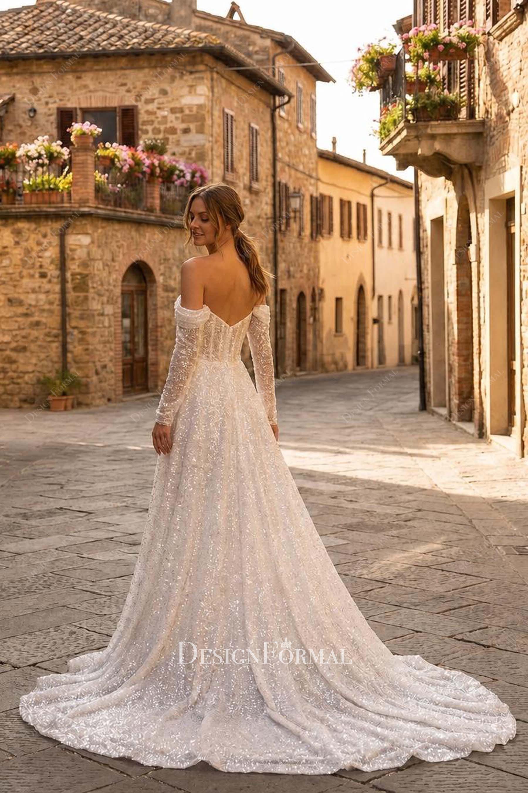 sparkly beaded chapel train wedding dress