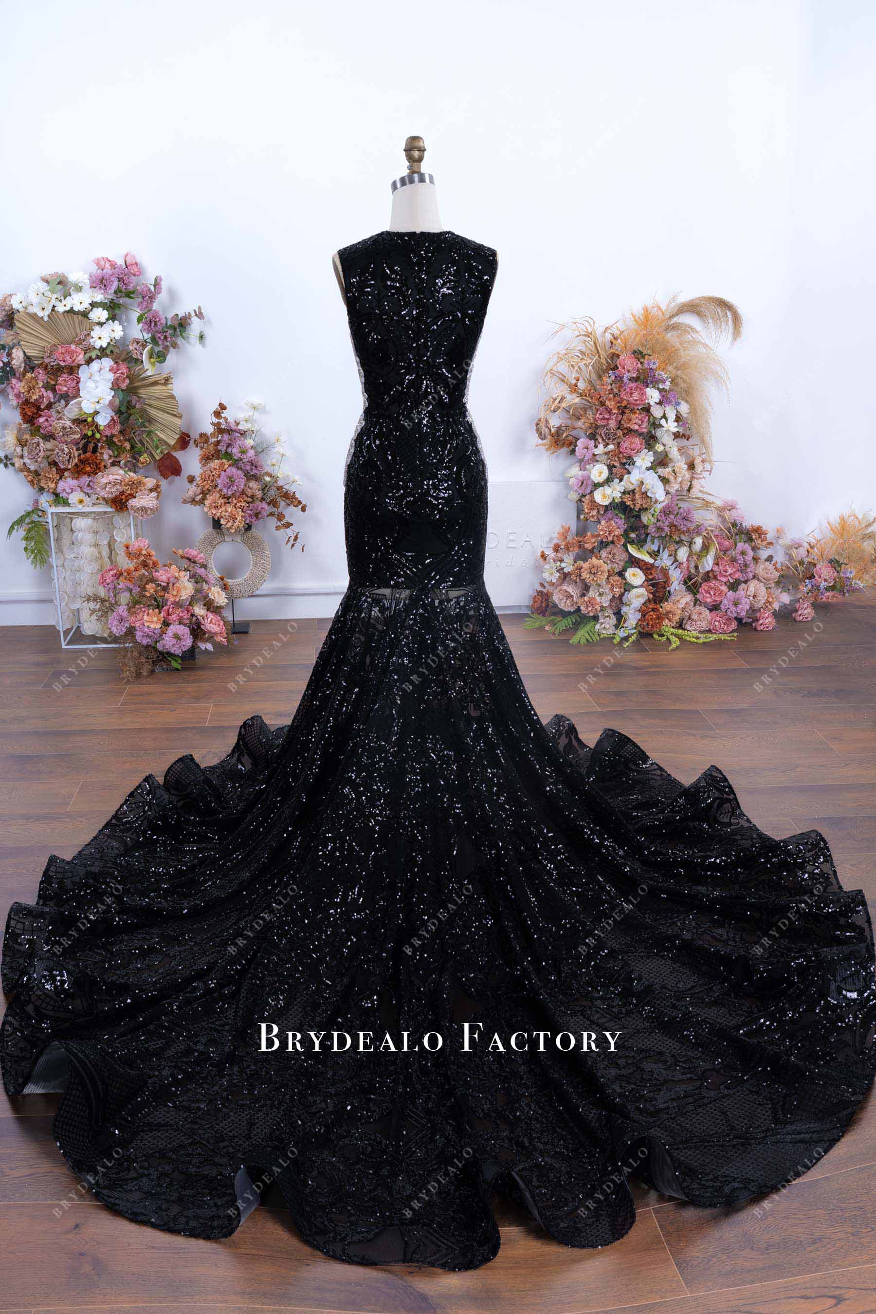 sparkly black sequin long train prom dress