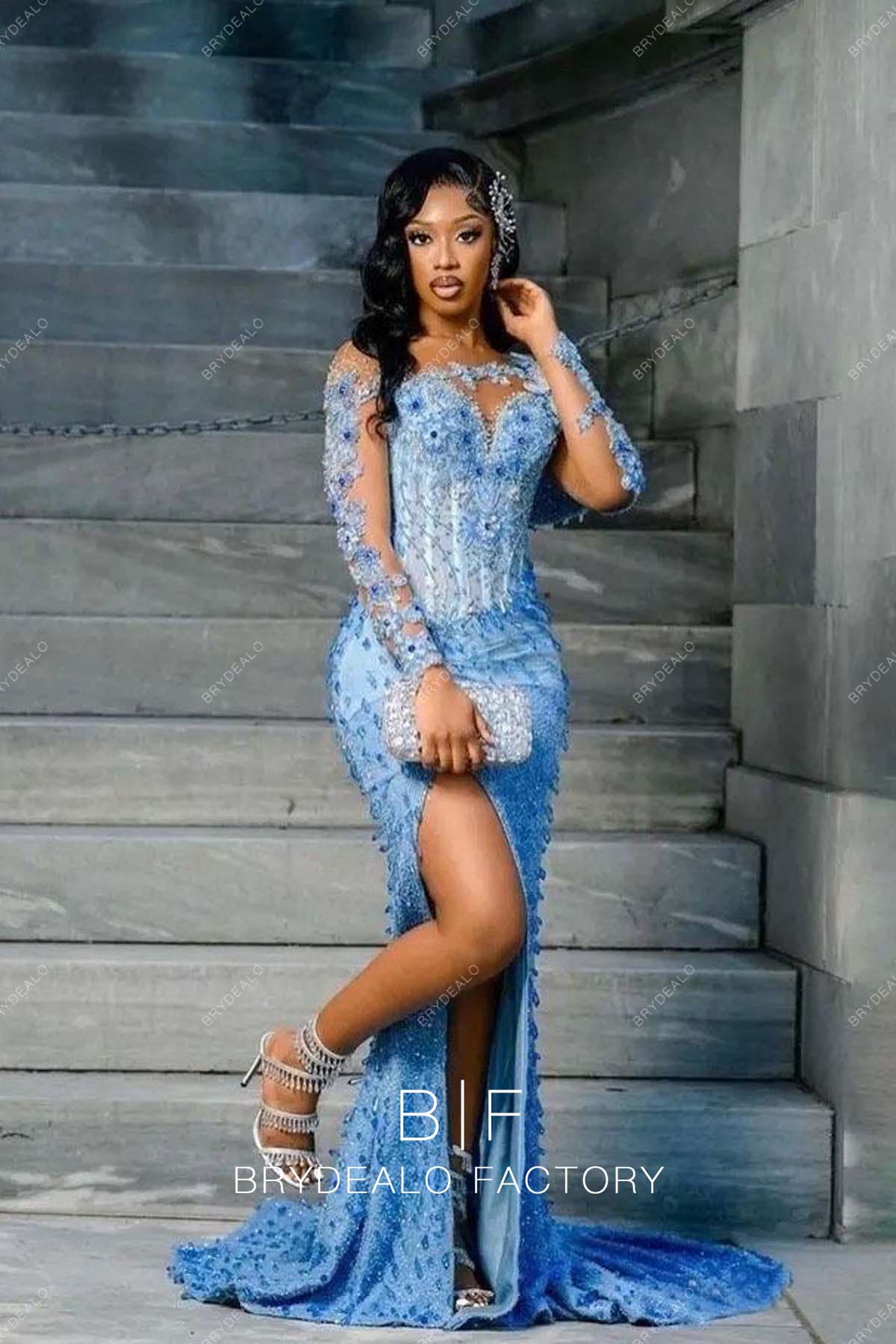 Luxury Allover Crystals Beading Ocean Blue Mermaid Prom Dress