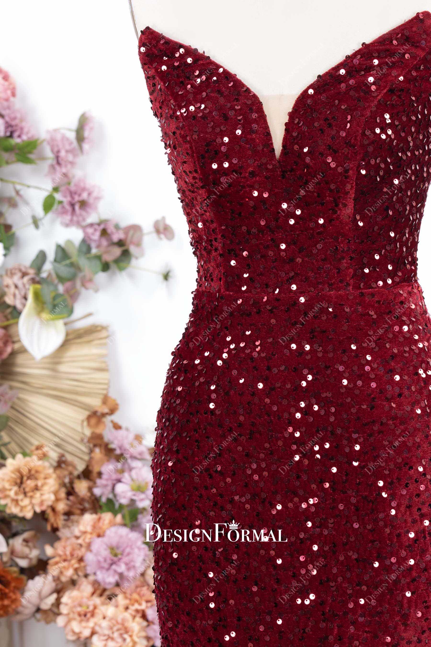 sparkly burgundy sequin strapless prom dress