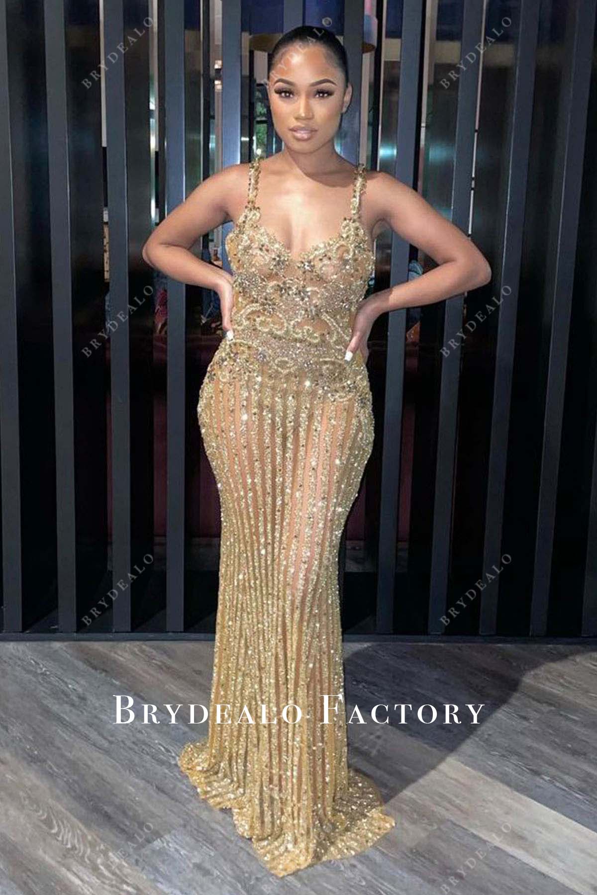 Champagne Glitter Thin Straps Fit and Flare Prom Dress