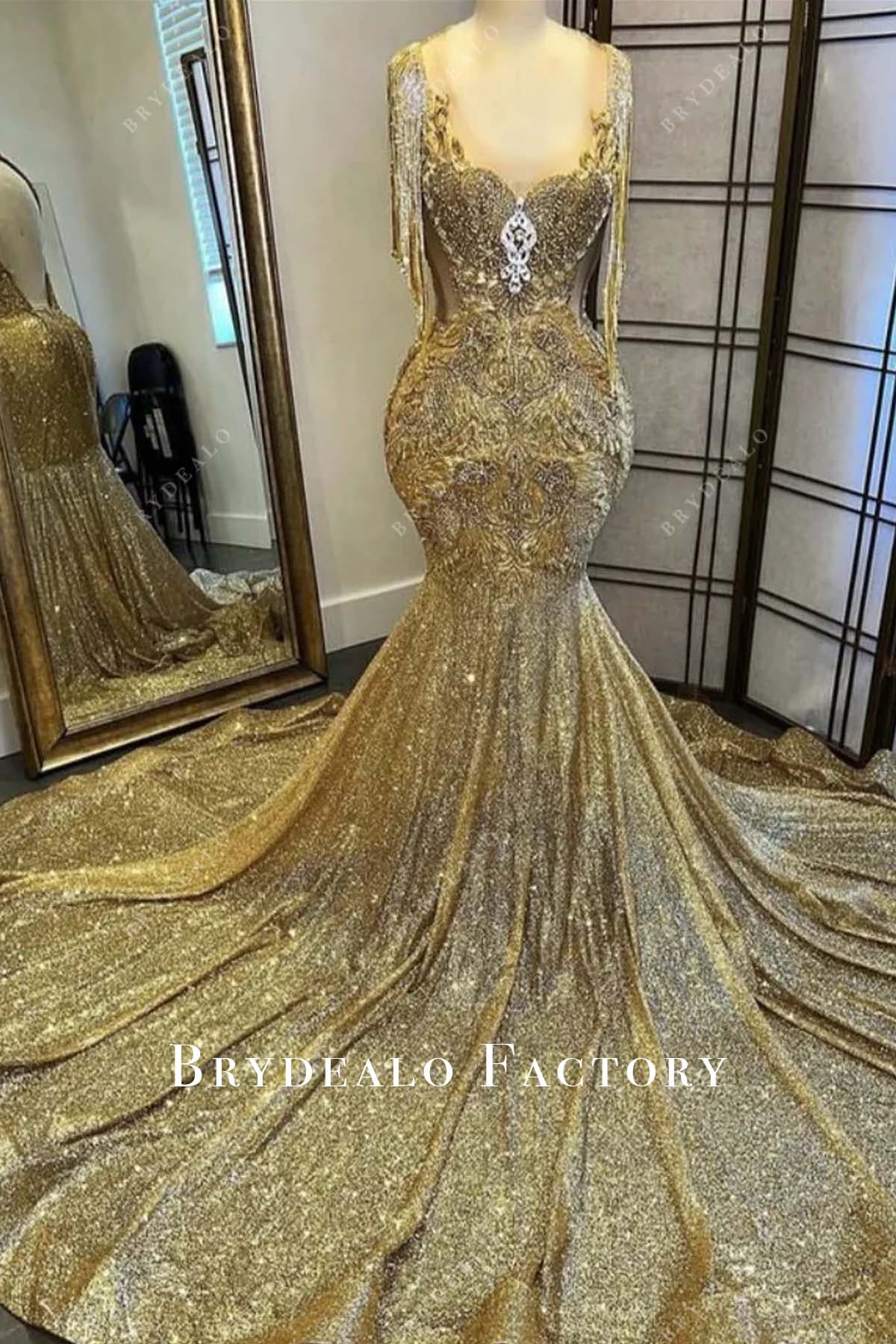 green emerald velvet dress Silver Beaded Sequin Court Train Sleeveless Prom Dresses main image 0