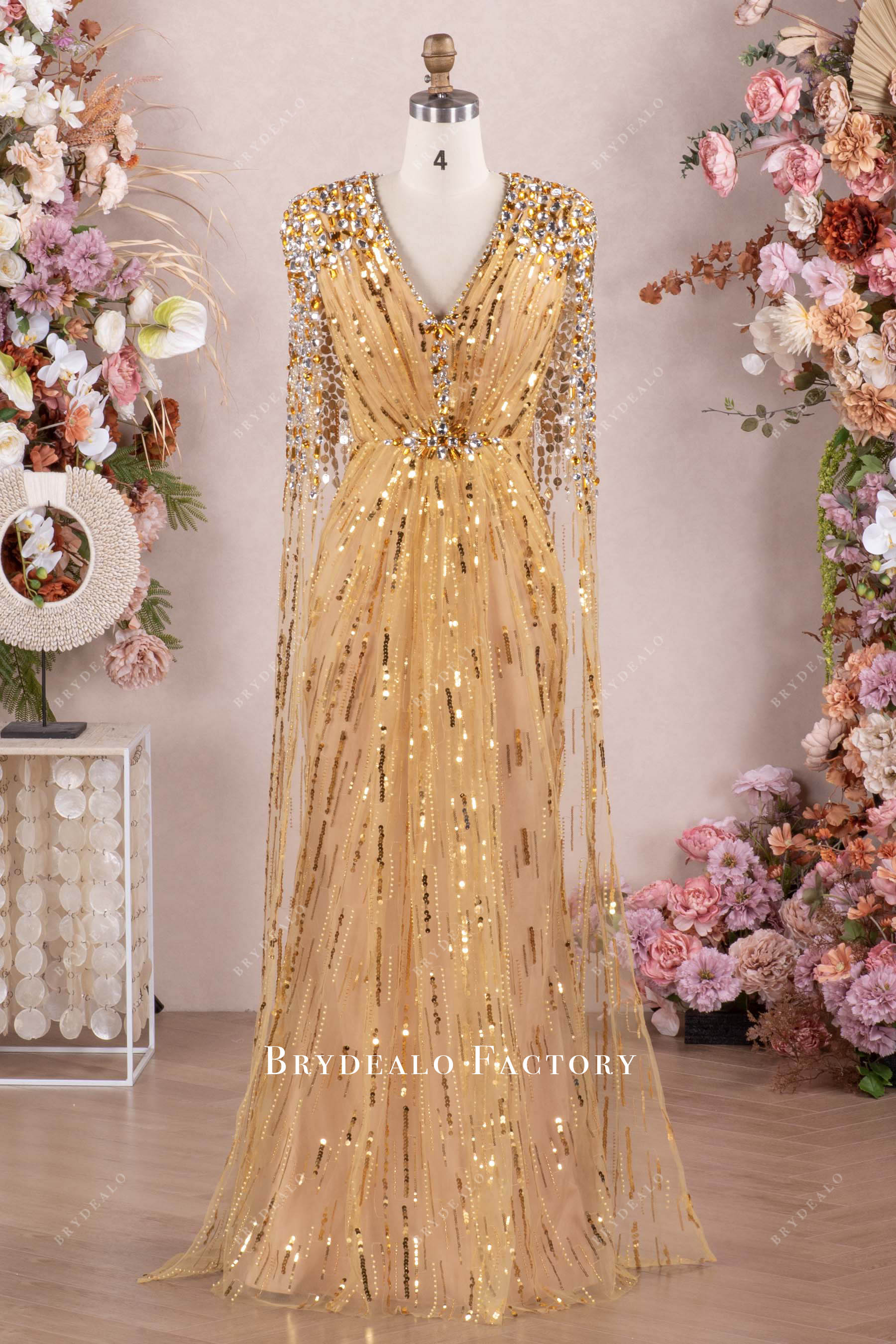 fitted lace wedding dress Gold Beaded Long Sleeve Evening Dresses A-Line Boat Neck Pageant Dress –  Viniodress main image 0