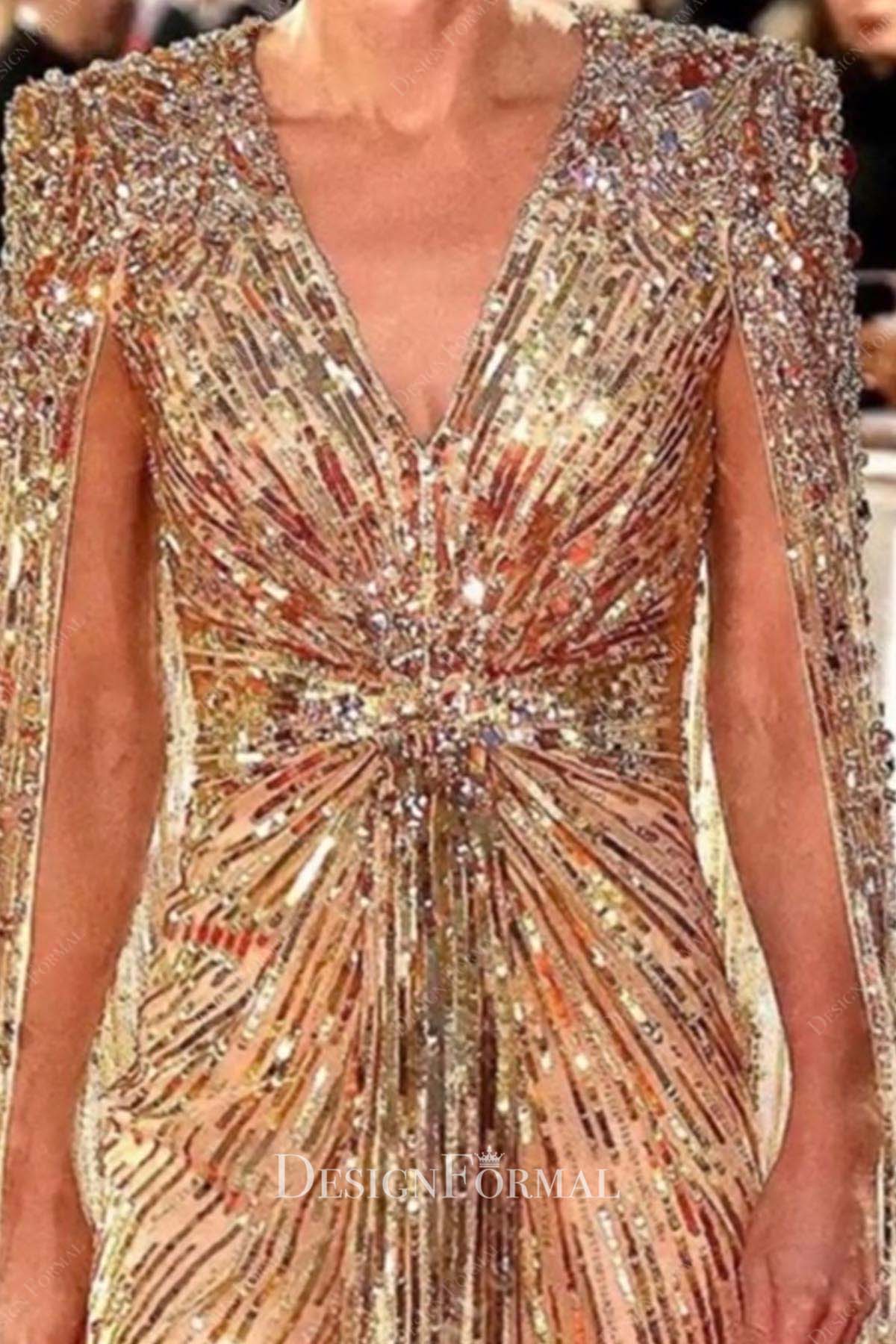 sparkly gold sequin v neck formal dress