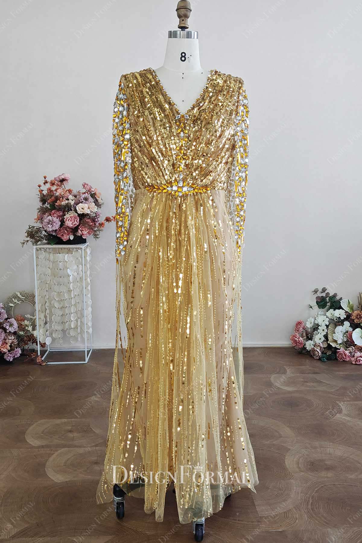 sparkly gold sequin v neck formal dress