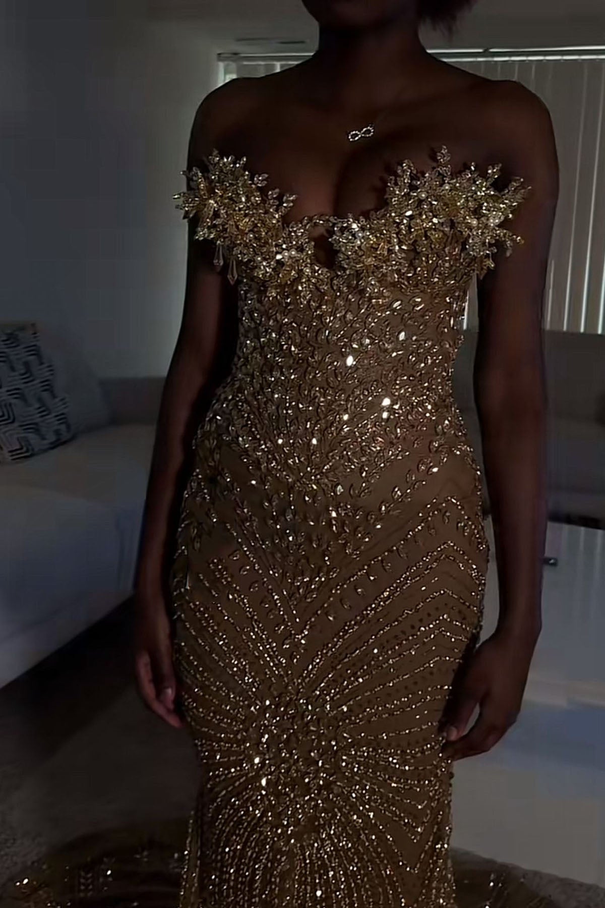 sparkly gold strapless v neck prom dress