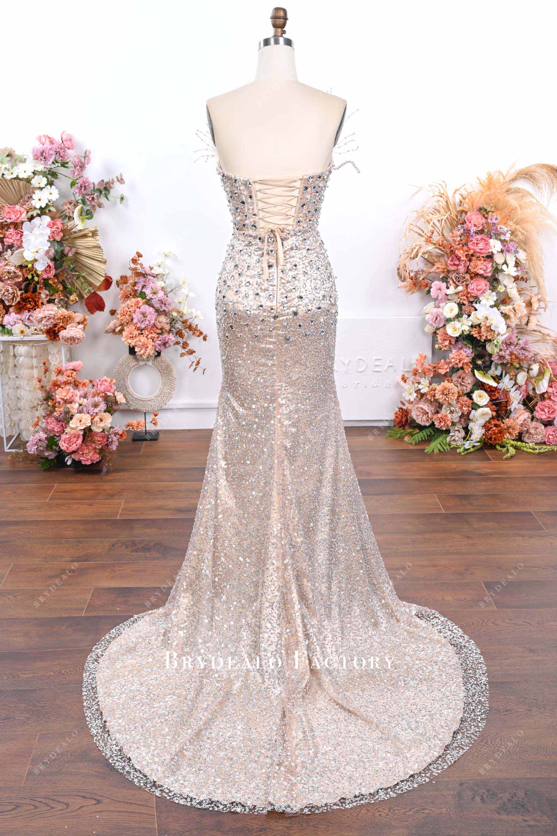 sparkly nude fit flare court train prom dress