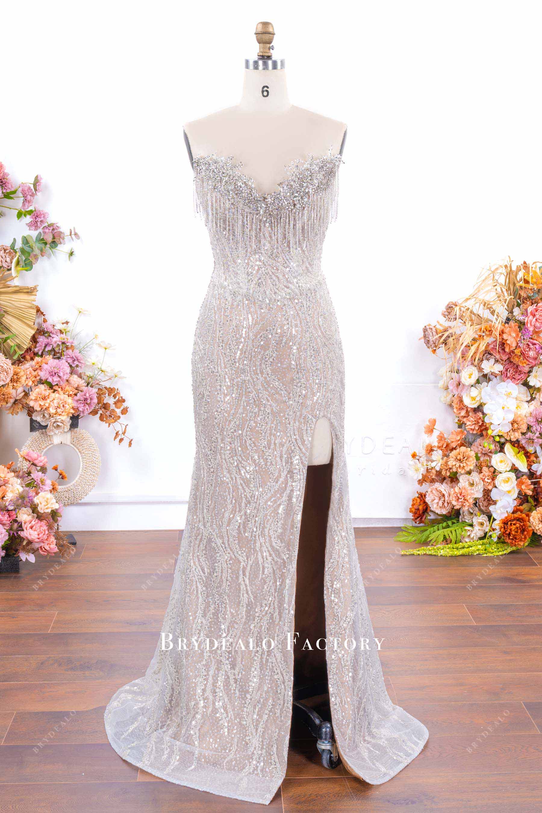 sparkly nude thigh split prom dress