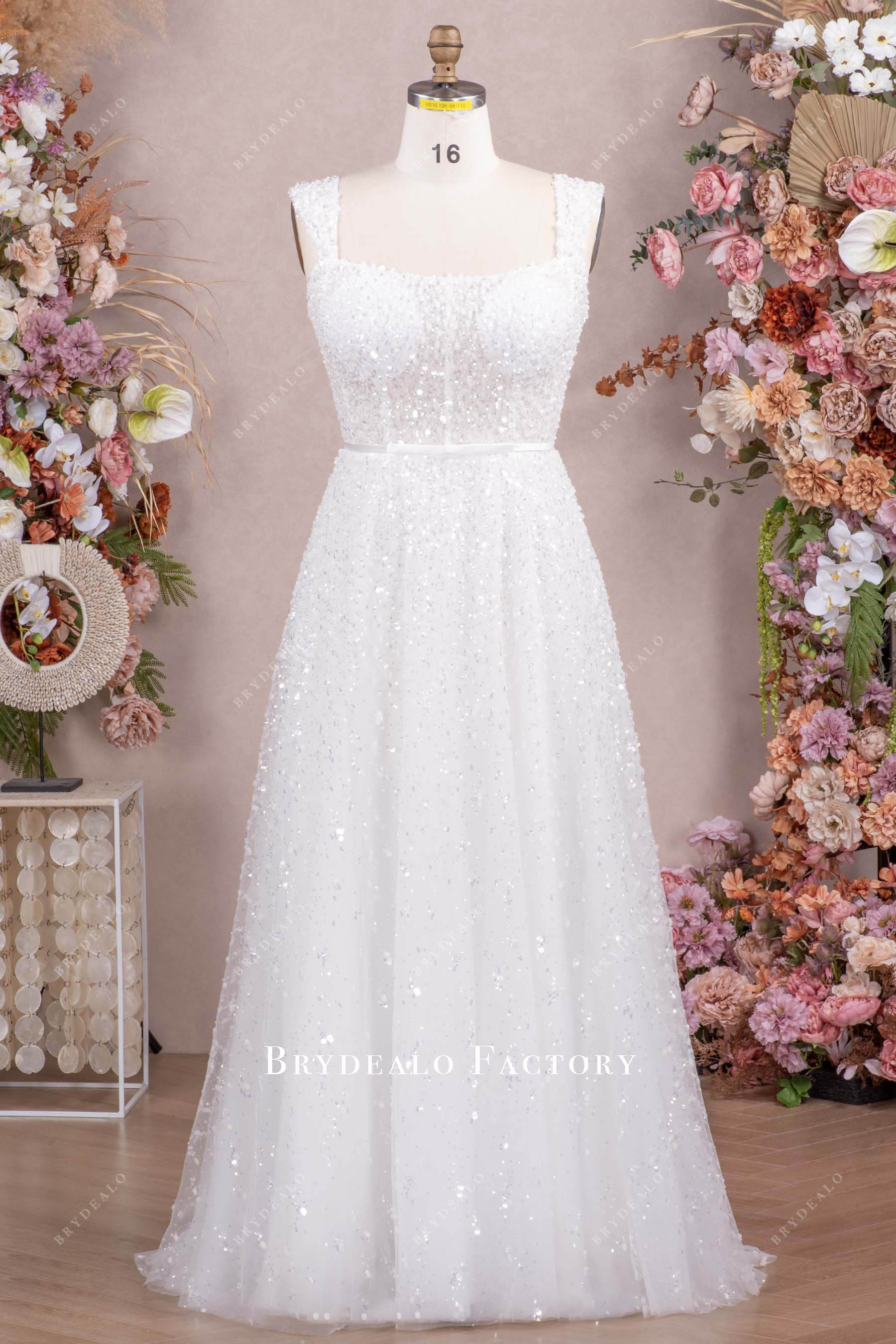 Sparkly White Sequined A-Line Sweep Train Wedding Dress