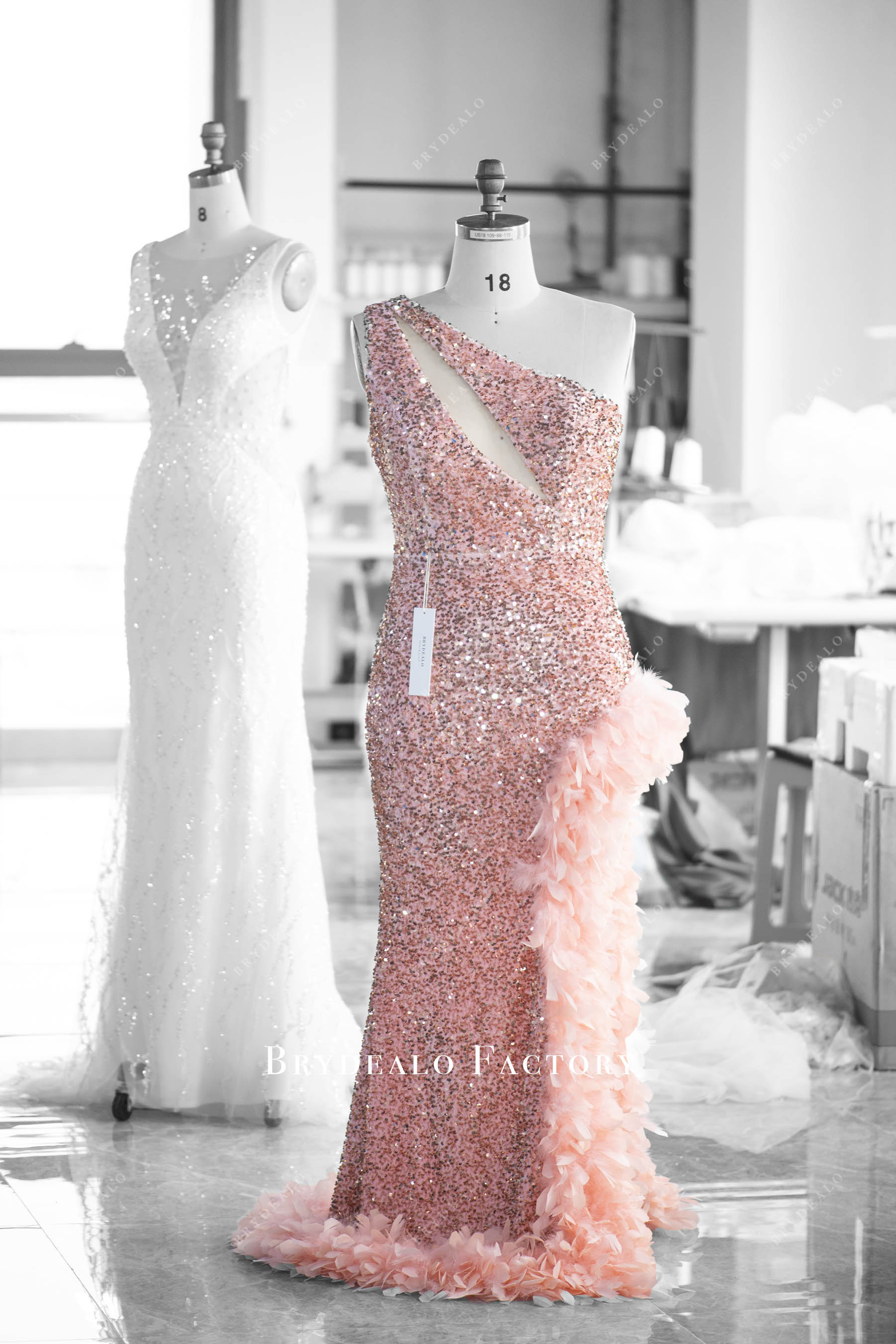 sparkly pink sequin feather prom dress