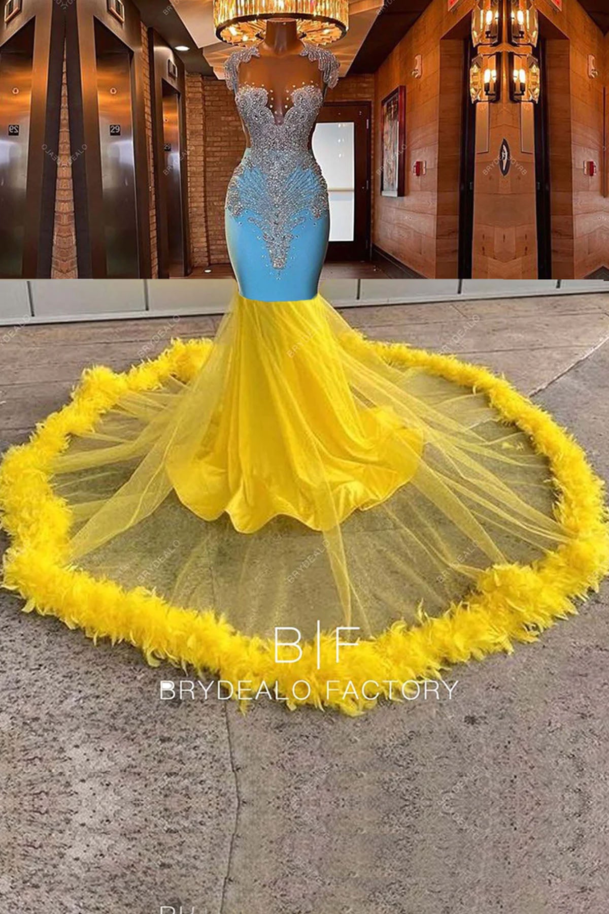 Yellow Feather Prom Dress